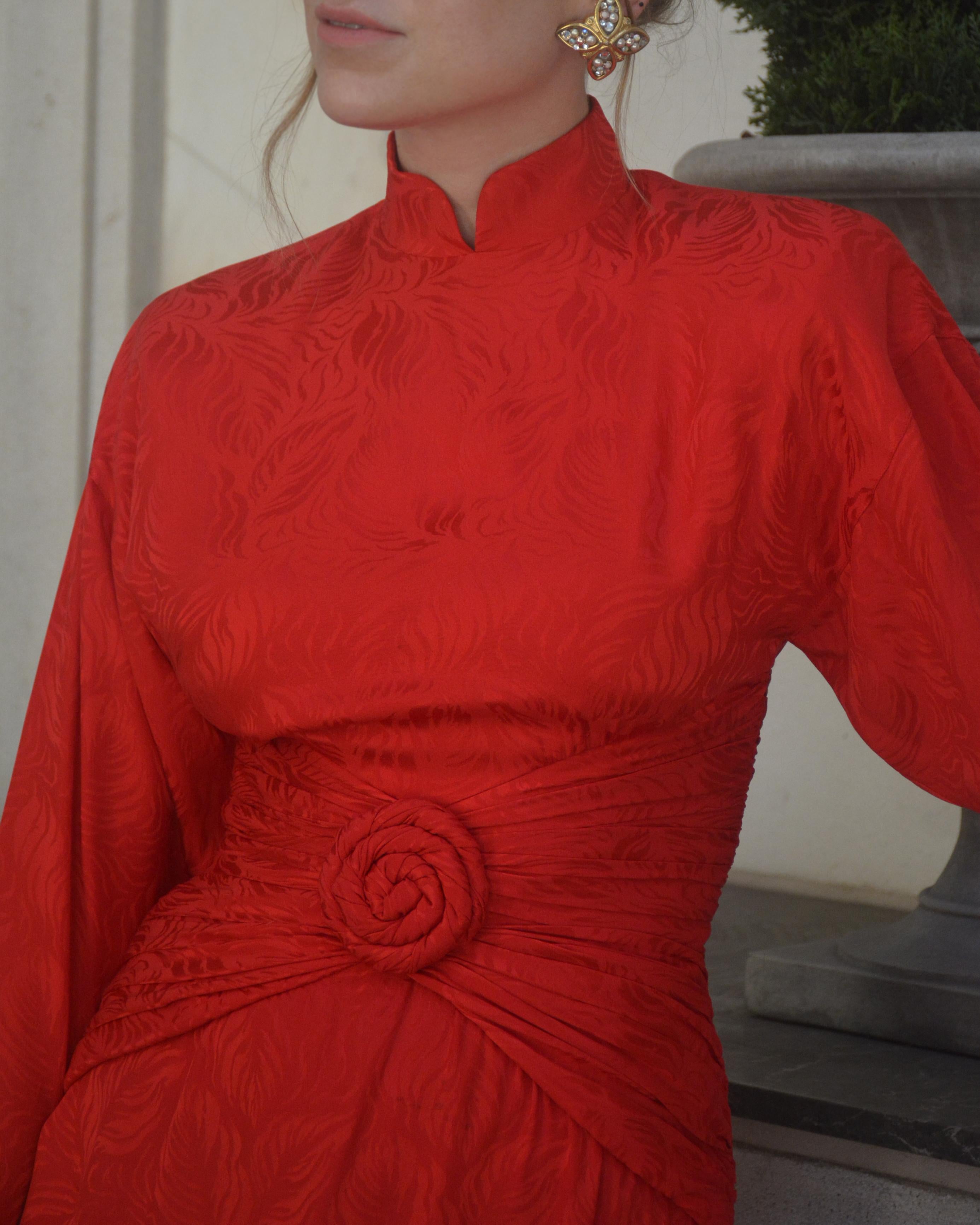 Vintage Red Silk Long-Sleeve Wiggle Dress For Sale 8