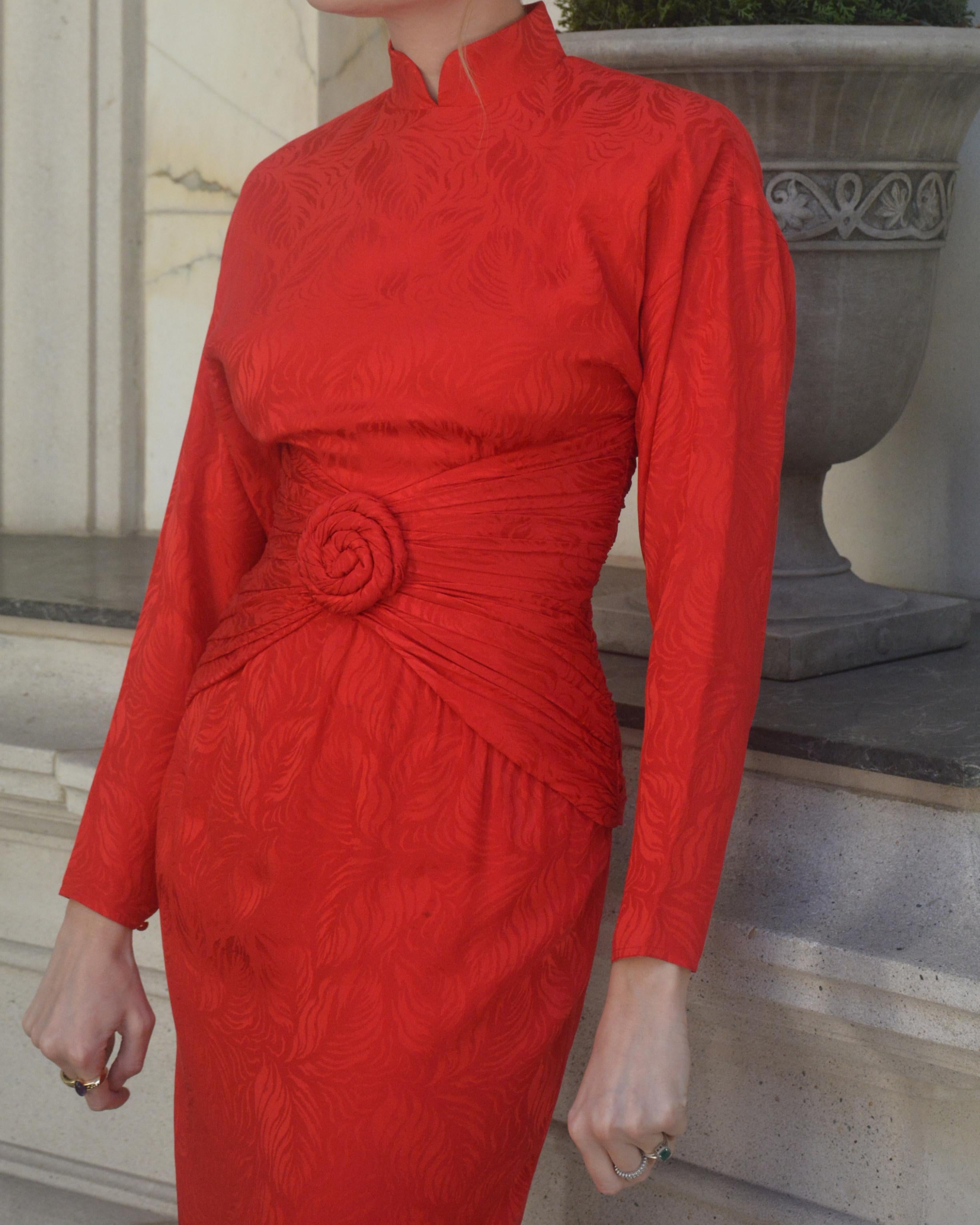 Vintage Red Silk Long-Sleeve Wiggle Dress For Sale 4