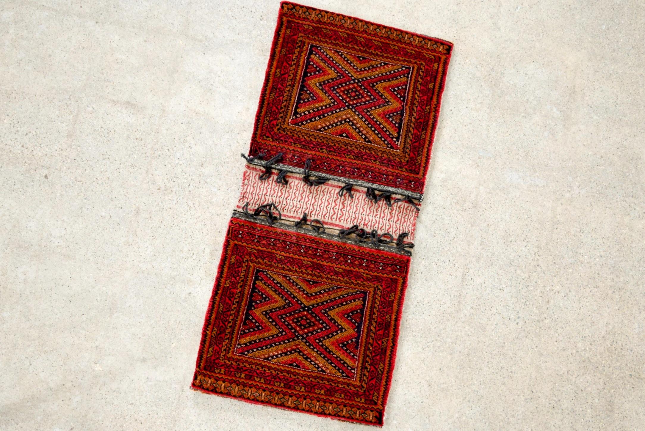 Hand-Knotted Vintage Red Small Tribal Wool Rug Afghan Saddlebag For Sale