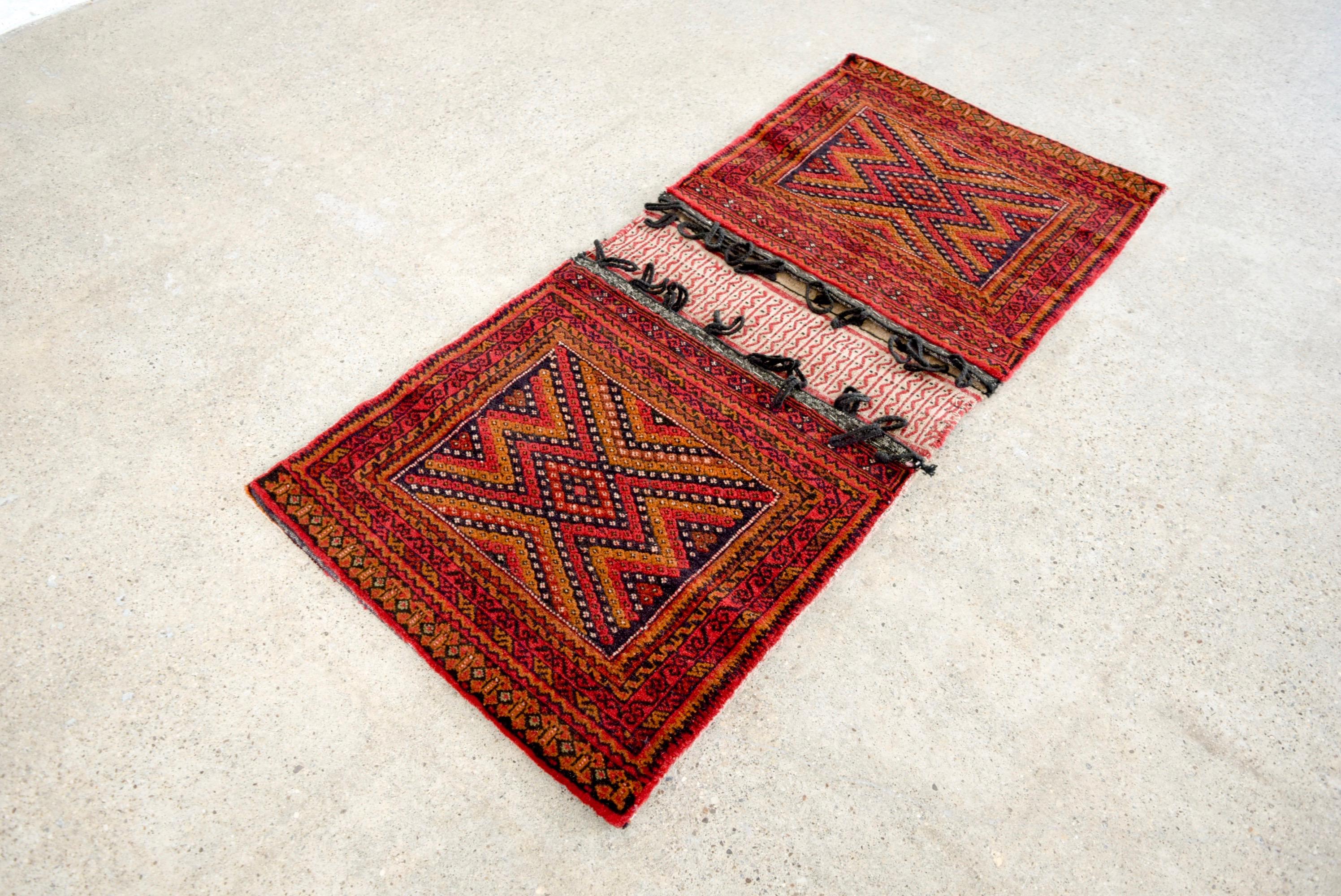 Vintage Red Small Tribal Wool Rug Afghan Saddlebag For Sale 1