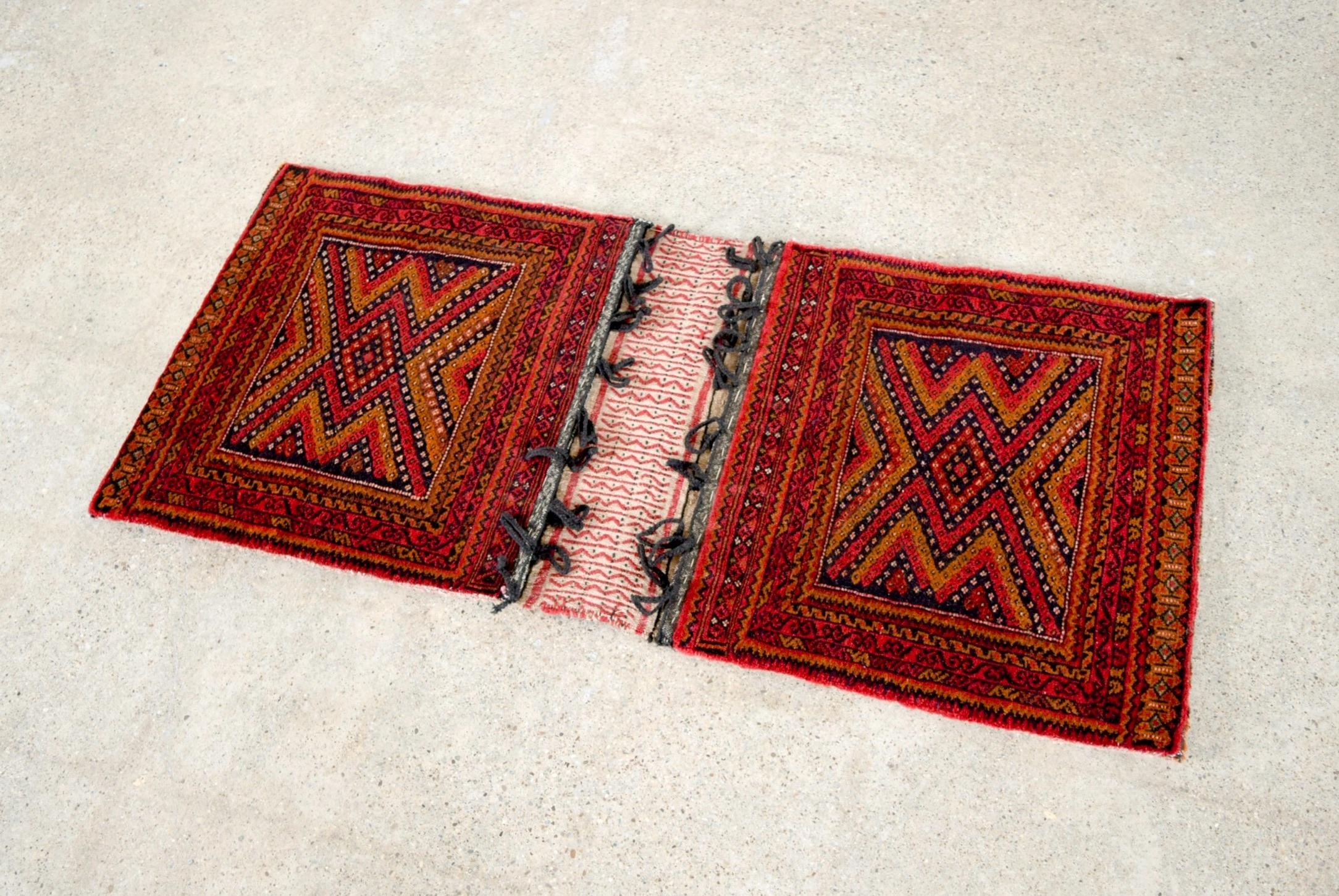Vintage Red Small Tribal Wool Rug Afghan Saddlebag For Sale 3