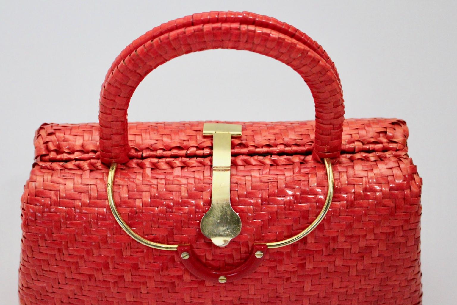 Vintage Red Straw Rattan Basket Handle Bag with Brass Clasp Italy 1960s ...
