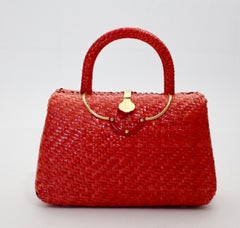 Vintage Red Straw Rattan Basket Handle Bag with Brass Clasp Italy 1960s