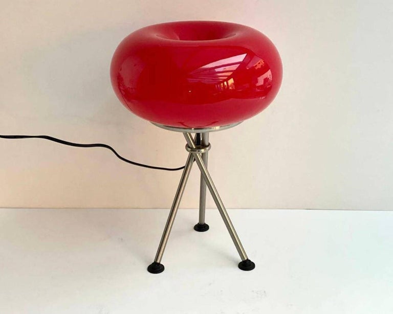 Vintage Red Table Lamp Chromed Metal Tripod Base and Glass Shade