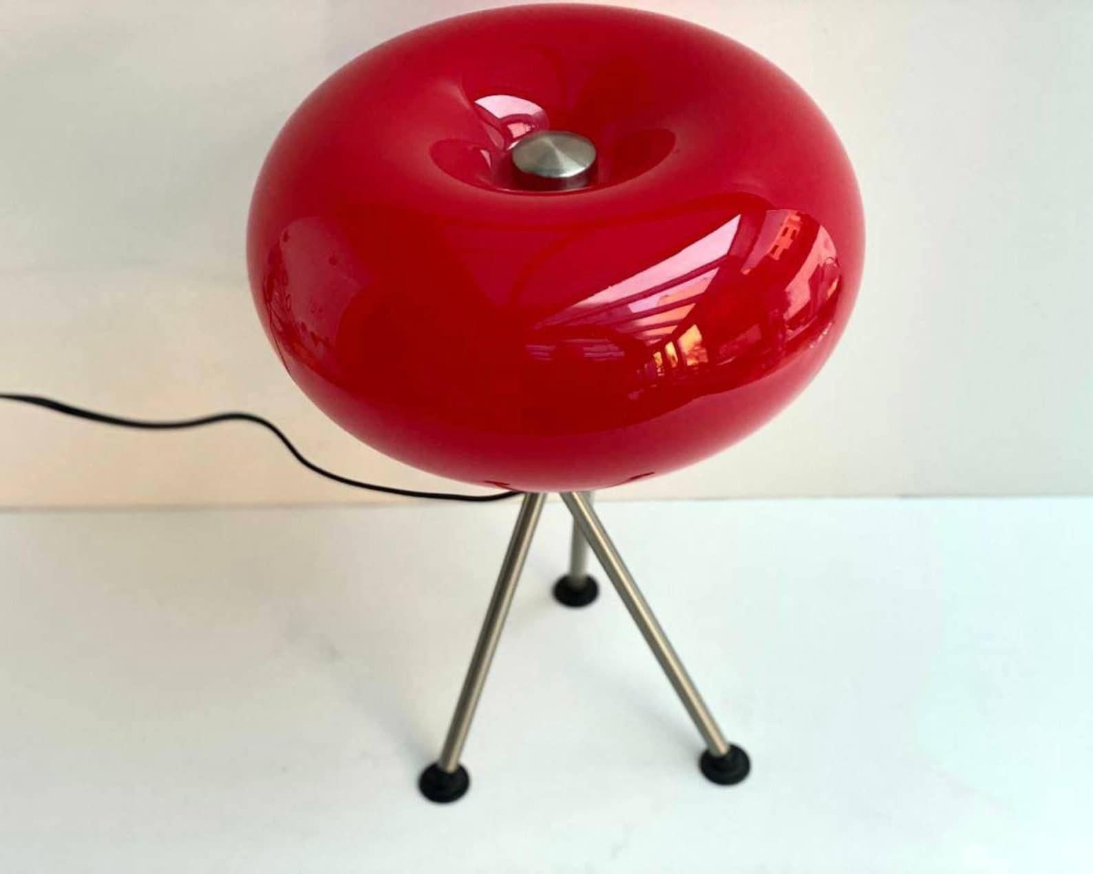 Late 20th Century Vintage Red Table Lamp Chromed Metal Tripod Base and Glass Shade, Germany, 70s For Sale