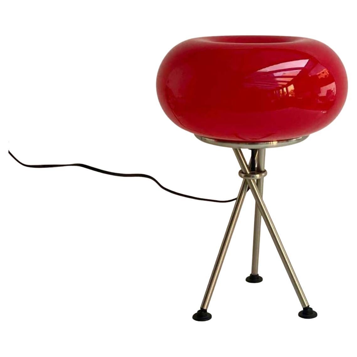 Vintage Red Table Lamp Chromed Metal Tripod Base and Glass Shade, Germany, 70s For Sale