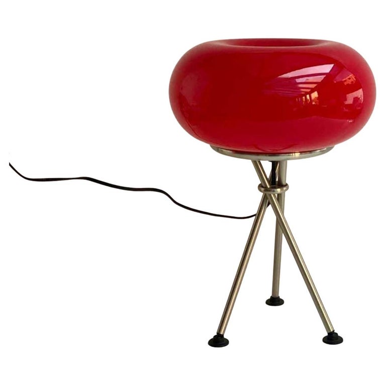 Vintage Red Table Lamp Chromed Metal Tripod Base and Glass Shade