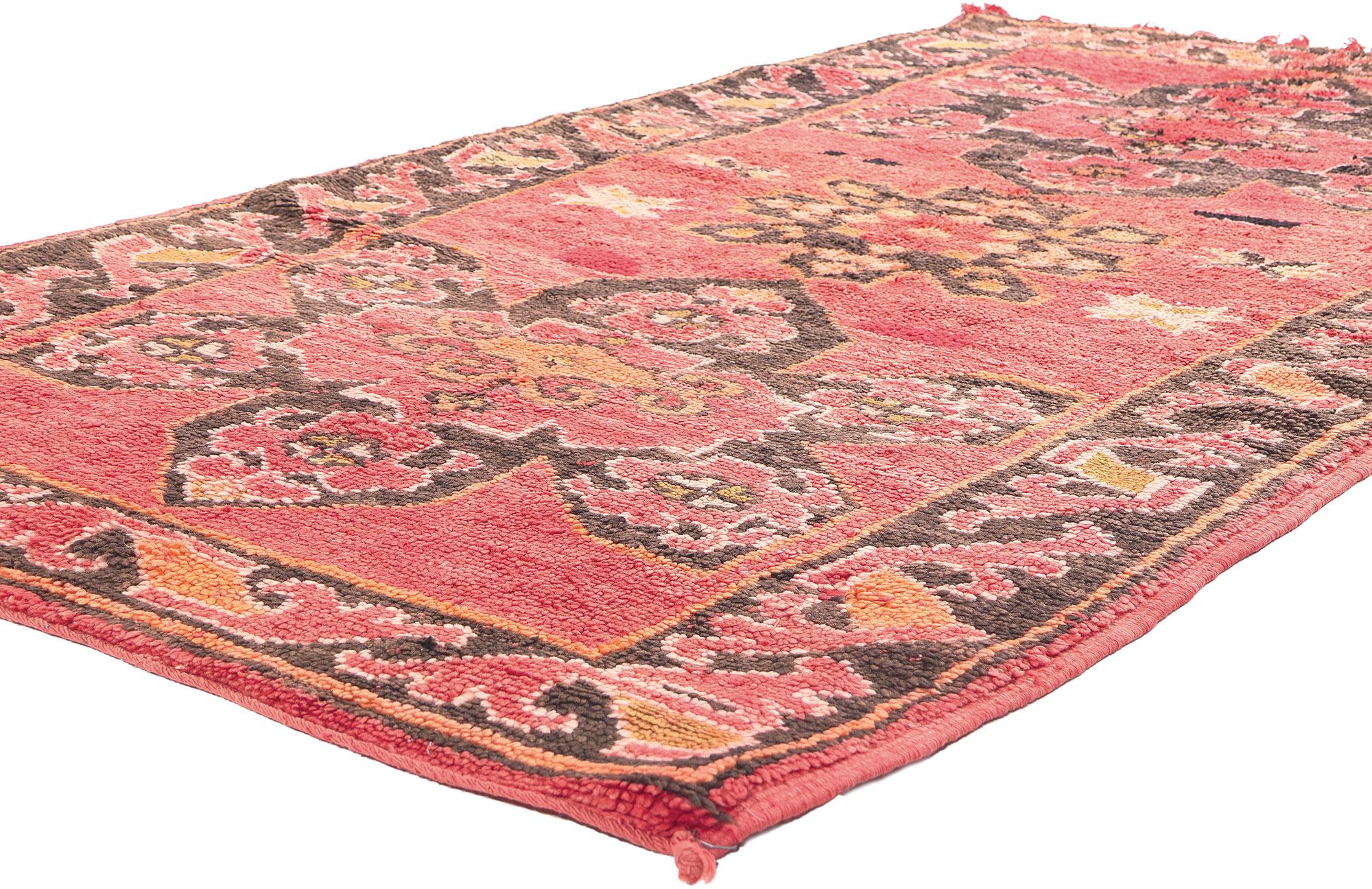 20948 Vintage Red Taznakht Moroccan Rug, 04'01 x 07'06. Embark on an enchanting journey into the rich legacy of the Taznakht Tribe, where skilled hands in the High Atlas Mountains of southern Morocco meticulously wove this hand-knotted wool vintage