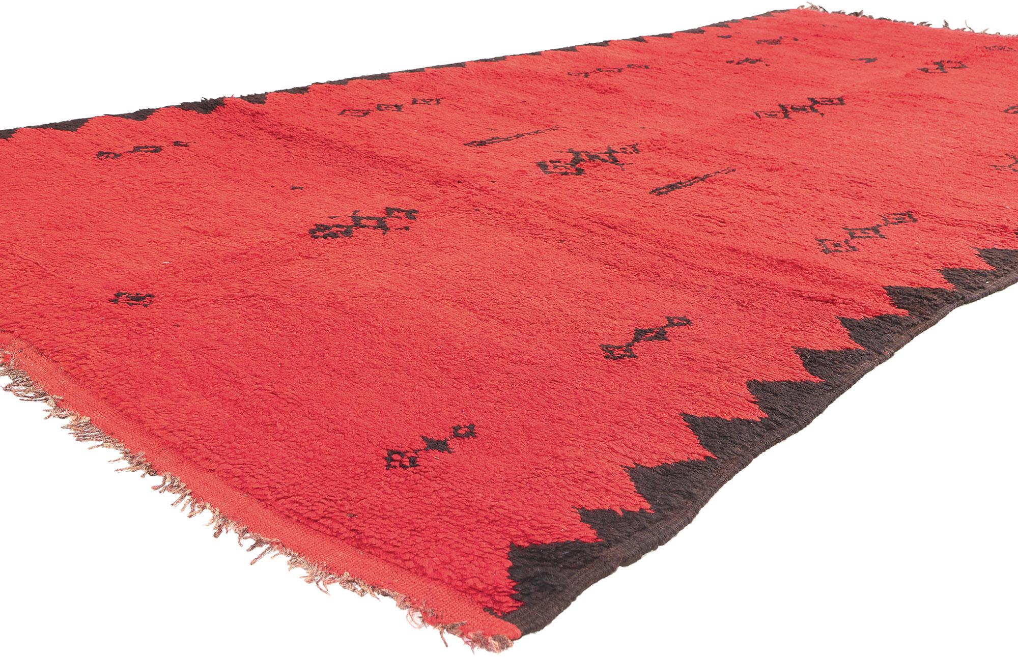 20896 Vintage Red Taznakht Moroccan Rug, 05'01 x 11'00. This vintage Moroccan rug, skillfully hand-knotted from wool, originates from the town of Taznakht nestled in the High Atlas Mountains of Morocco. Renowned for their vibrant earthy hues,