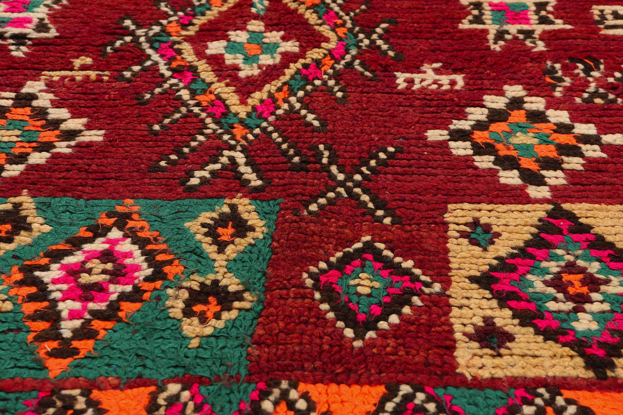  Vintage Red Taznakht Moroccan Rug, Tribal Enchantment Meets Cozy Boho Chic In Distressed Condition For Sale In Dallas, TX