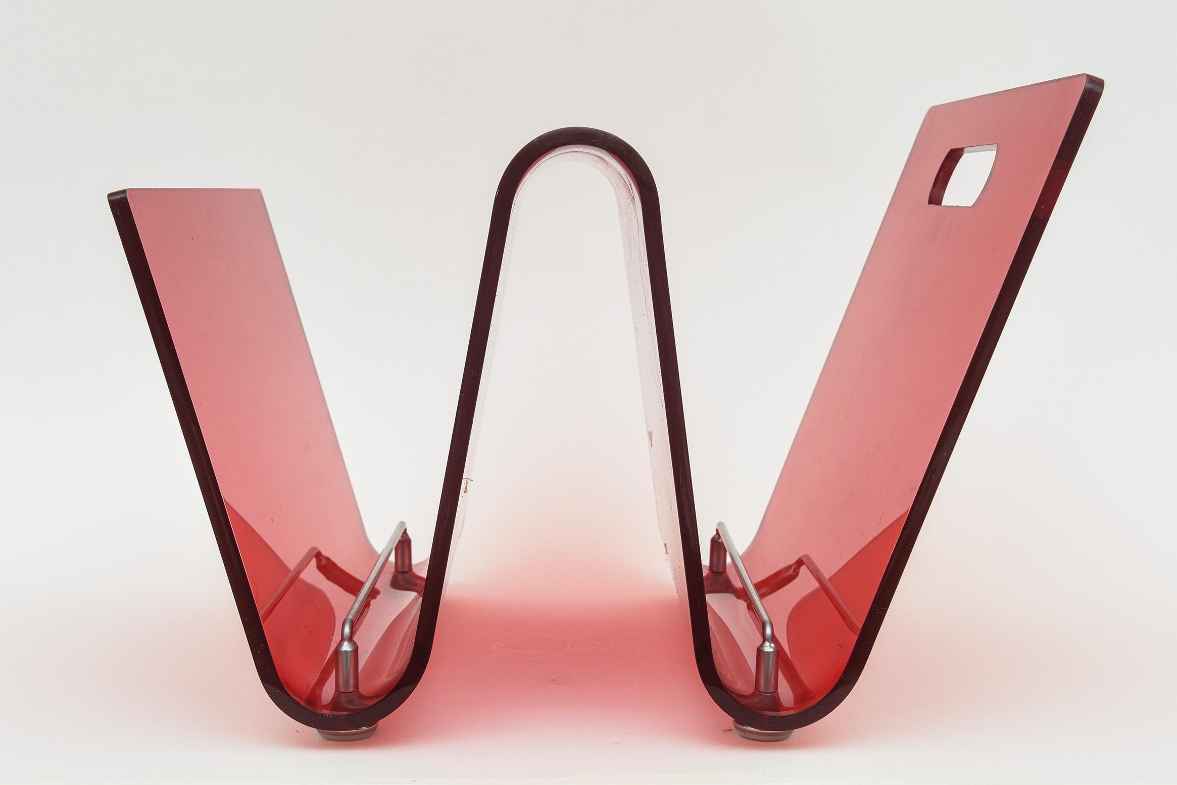 Late 20th Century Vintage Red Three Part Lucite and Chrome Wave Italian Magazine Stand and Rack For Sale
