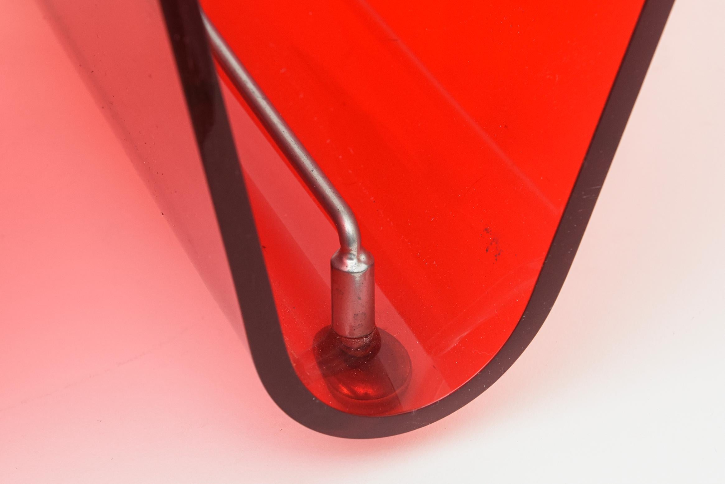 Late 20th Century Vintage Italian Two Part Red Lucite and Chrome Wave Magazine Stand and Rack For Sale