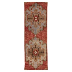 Vintage Red Turkish Anatolian Handmade Wool Runner With Geometric Design