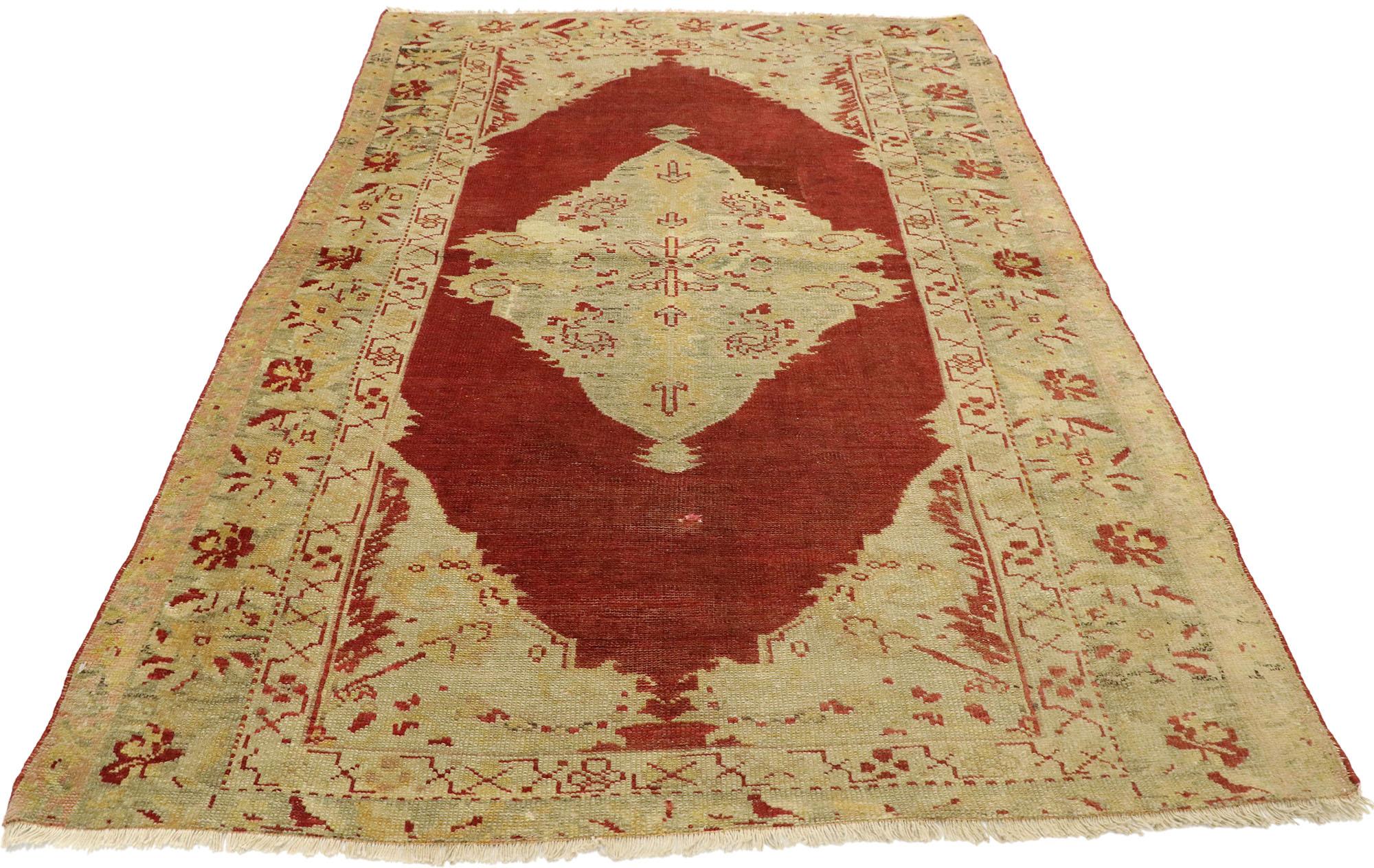 Hand-Knotted Vintage Red Turkish Floral Oushak Carpet For Sale