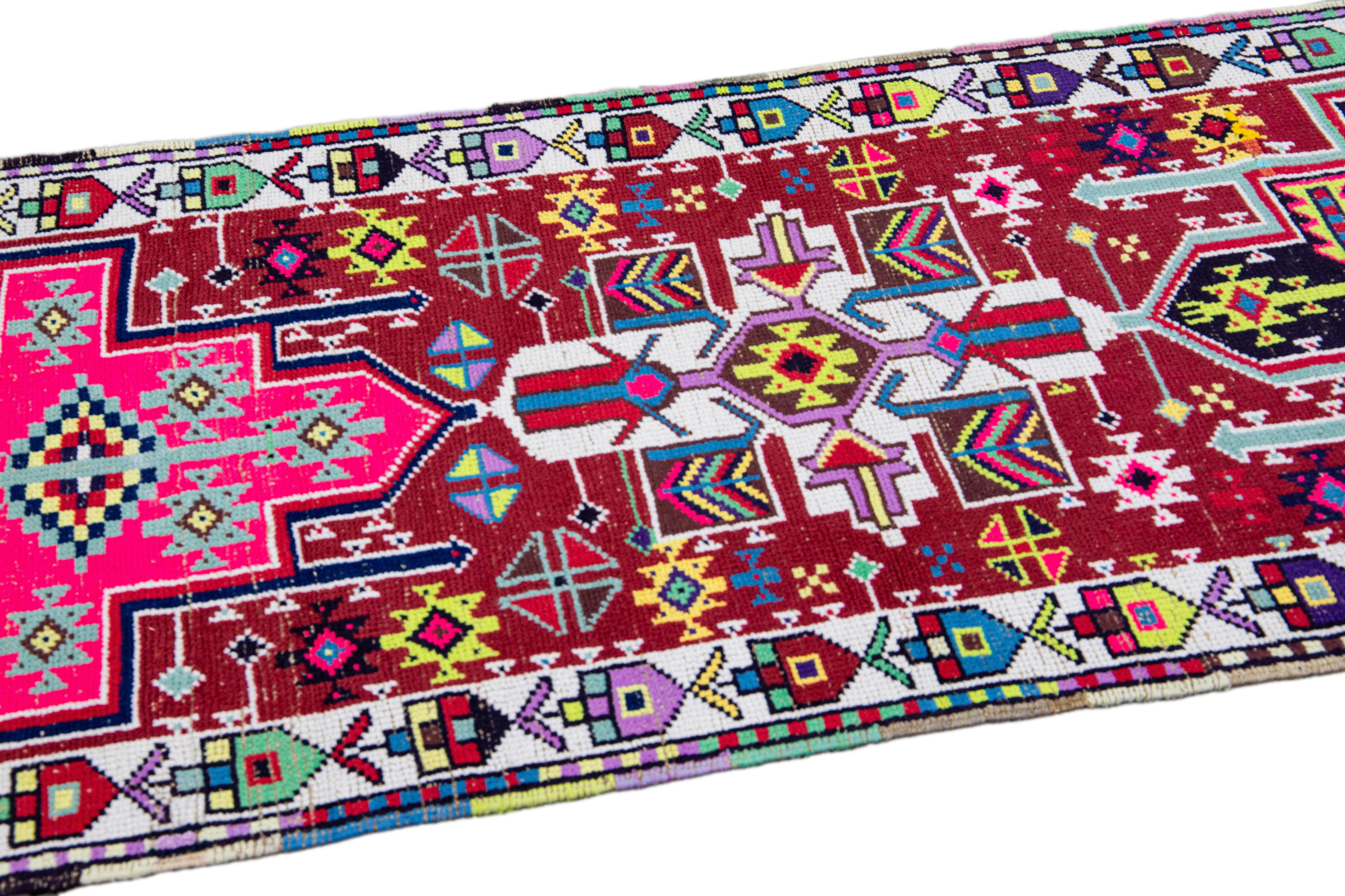 Mid-Century Modern Vintage Red Turkish Handmade Multicolor Geometric Pattern Wool Runner For Sale