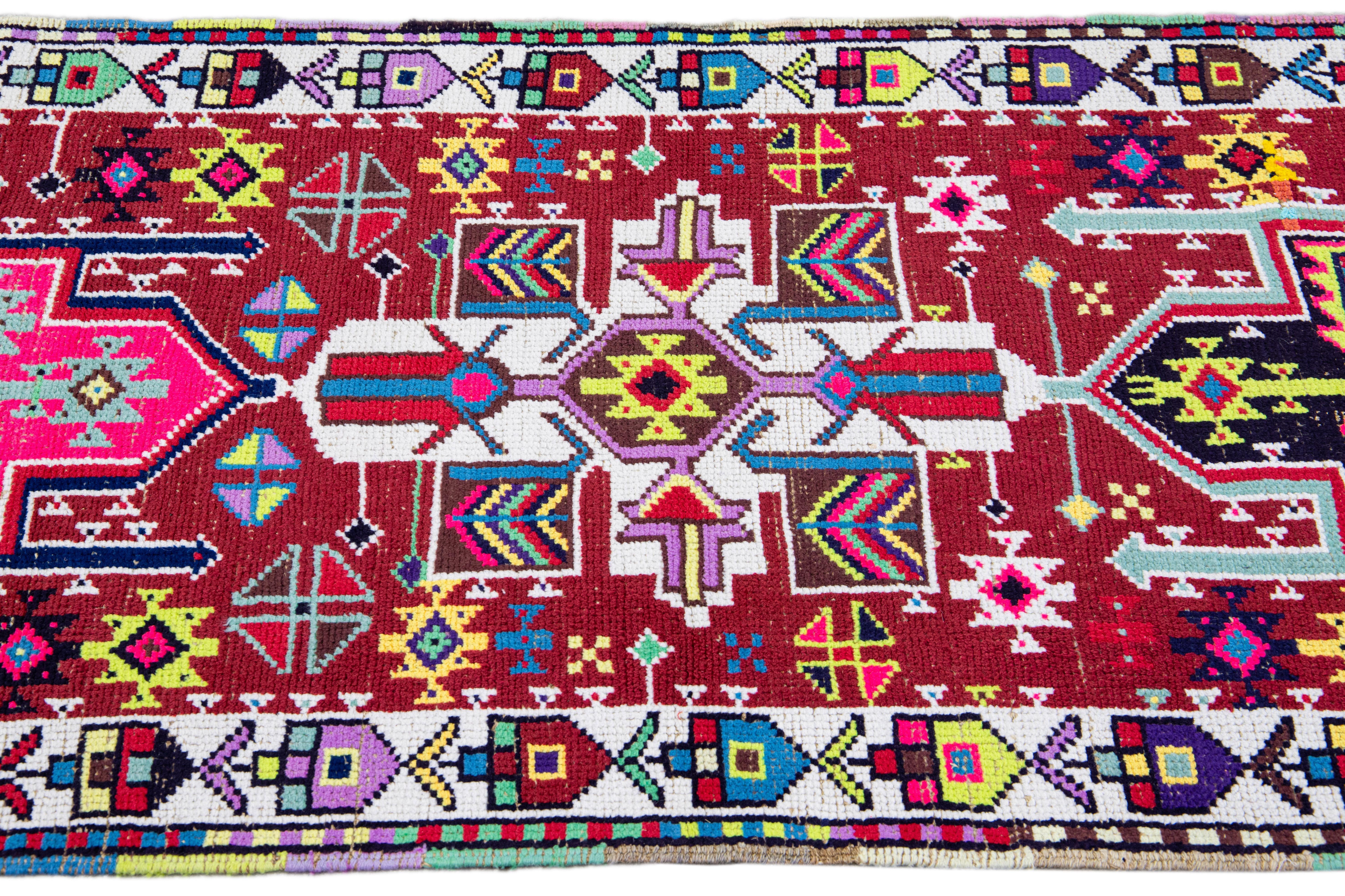 Hand-Knotted Vintage Red Turkish Handmade Multicolor Geometric Pattern Wool Runner For Sale