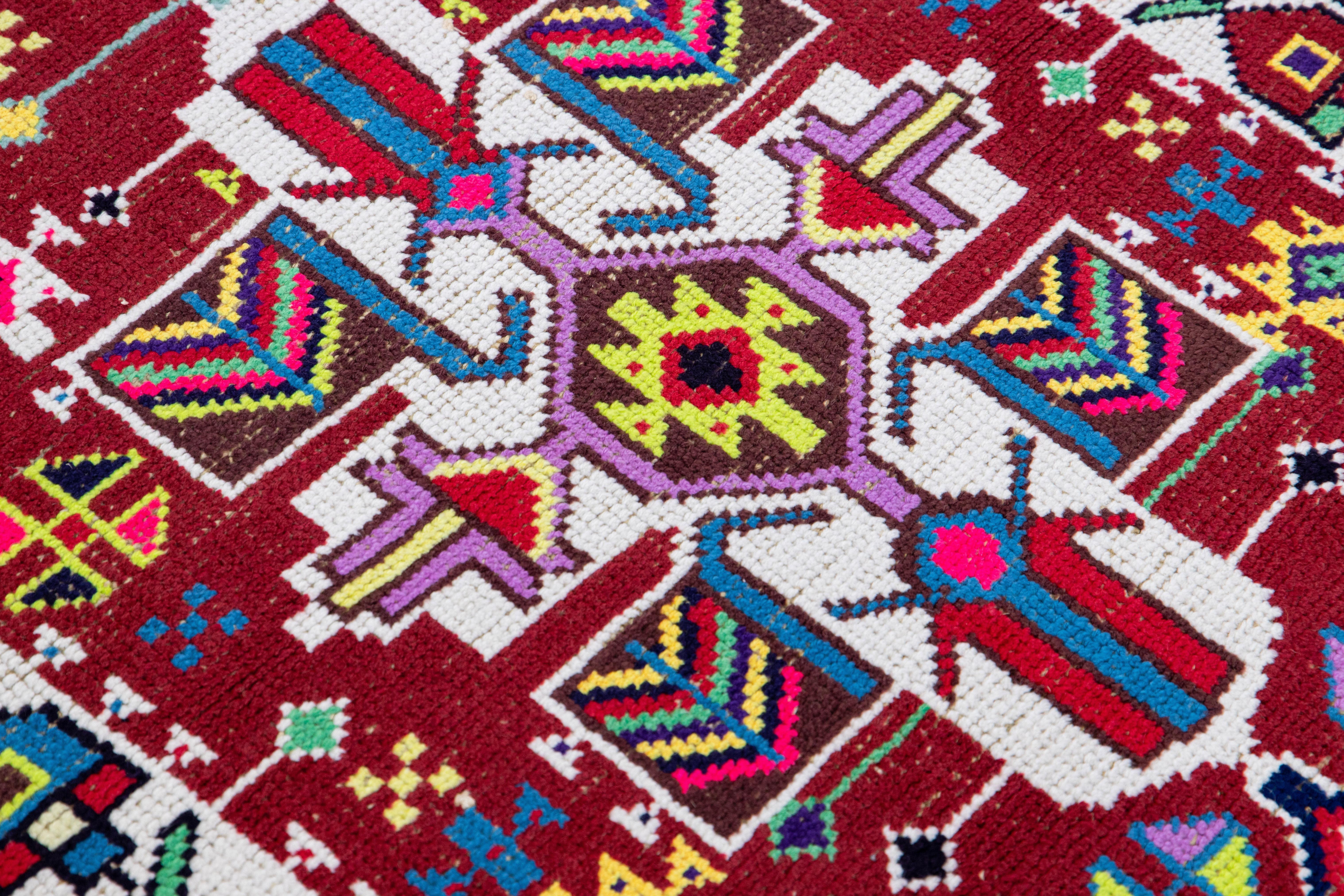 Vintage Red Turkish Handmade Multicolor Geometric Pattern Wool Runner For Sale 1