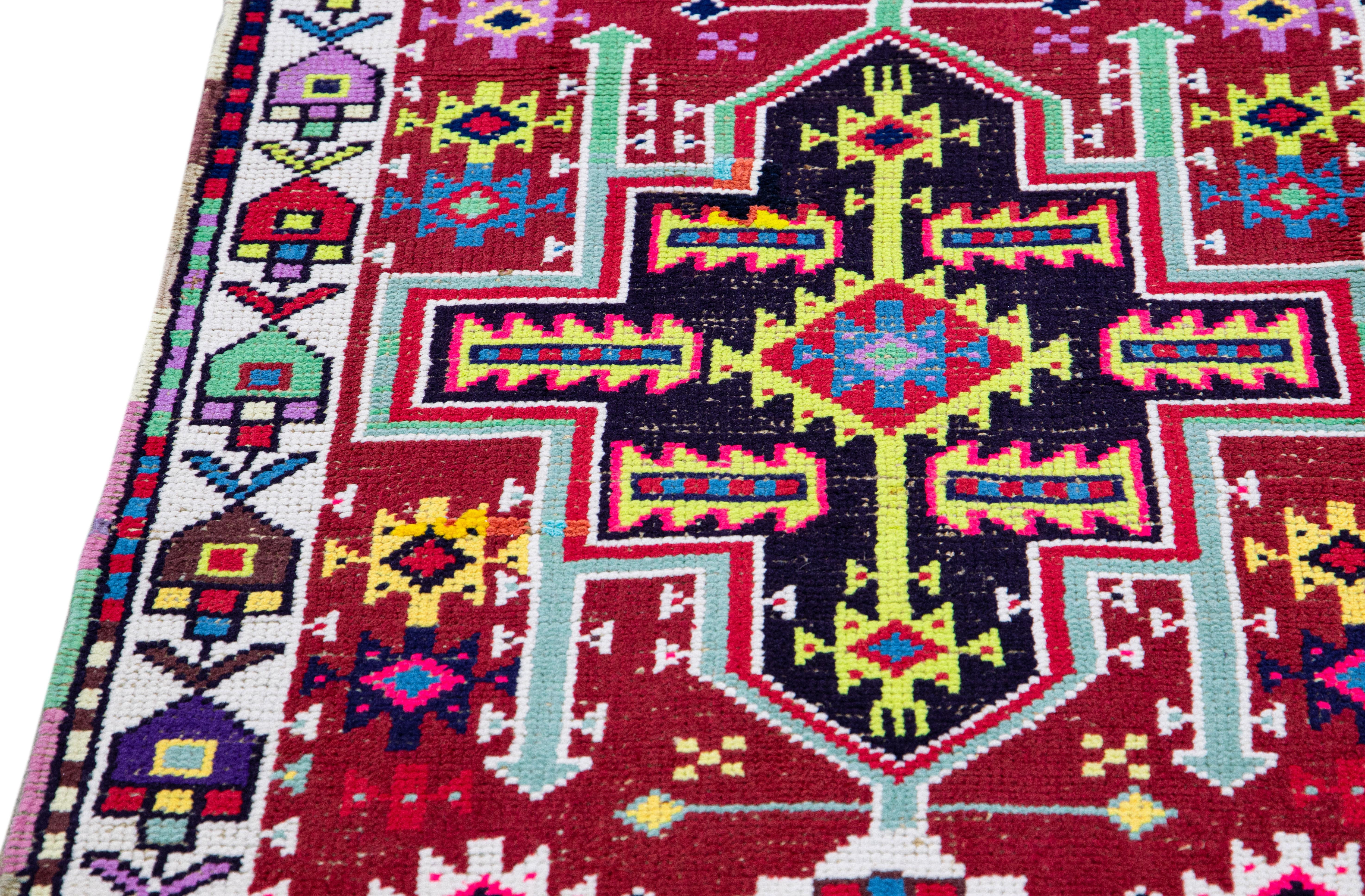 Vintage Red Turkish Handmade Multicolor Geometric Pattern Wool Runner For Sale 2