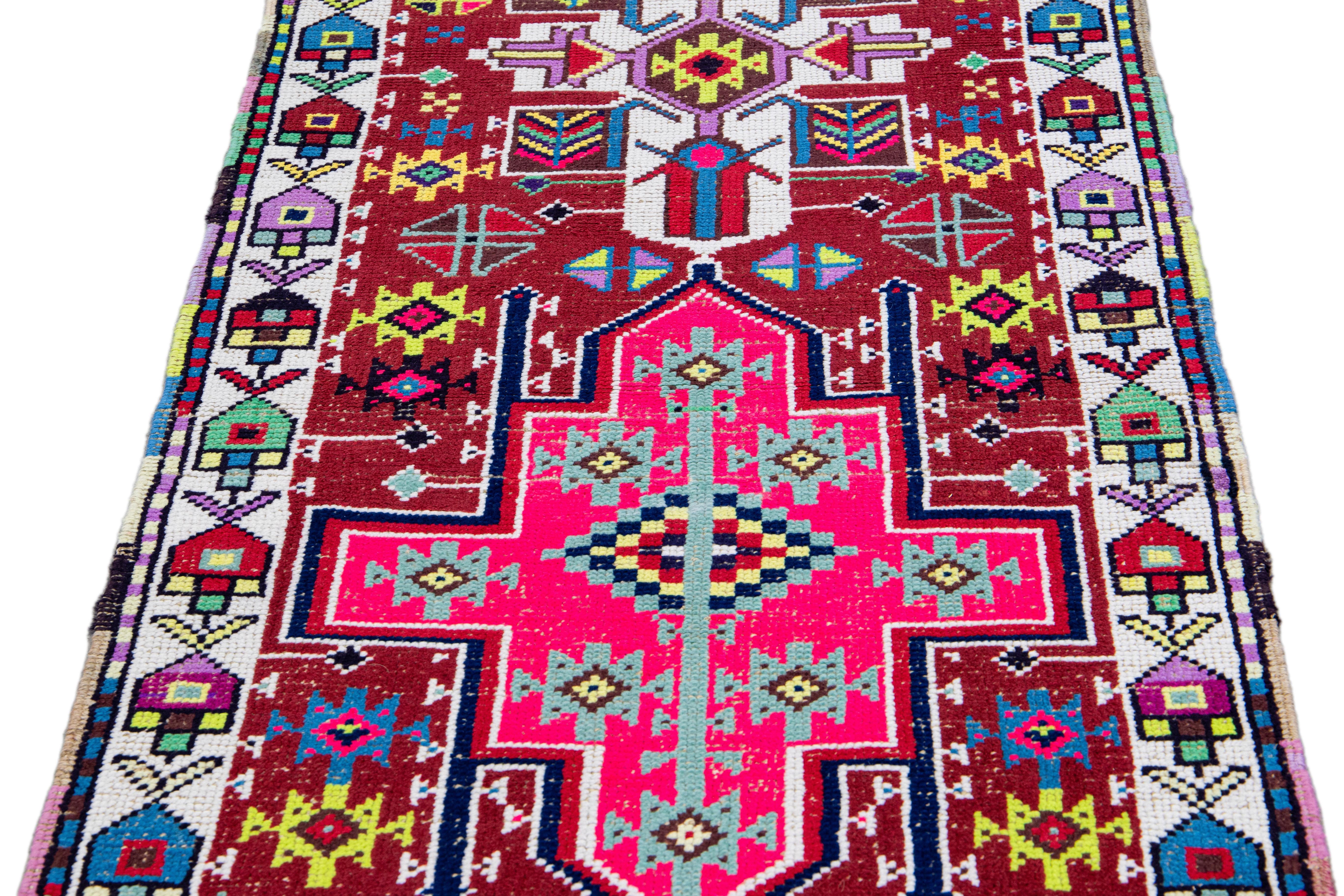 Vintage Red Turkish Handmade Multicolor Geometric Pattern Wool Runner For Sale 3
