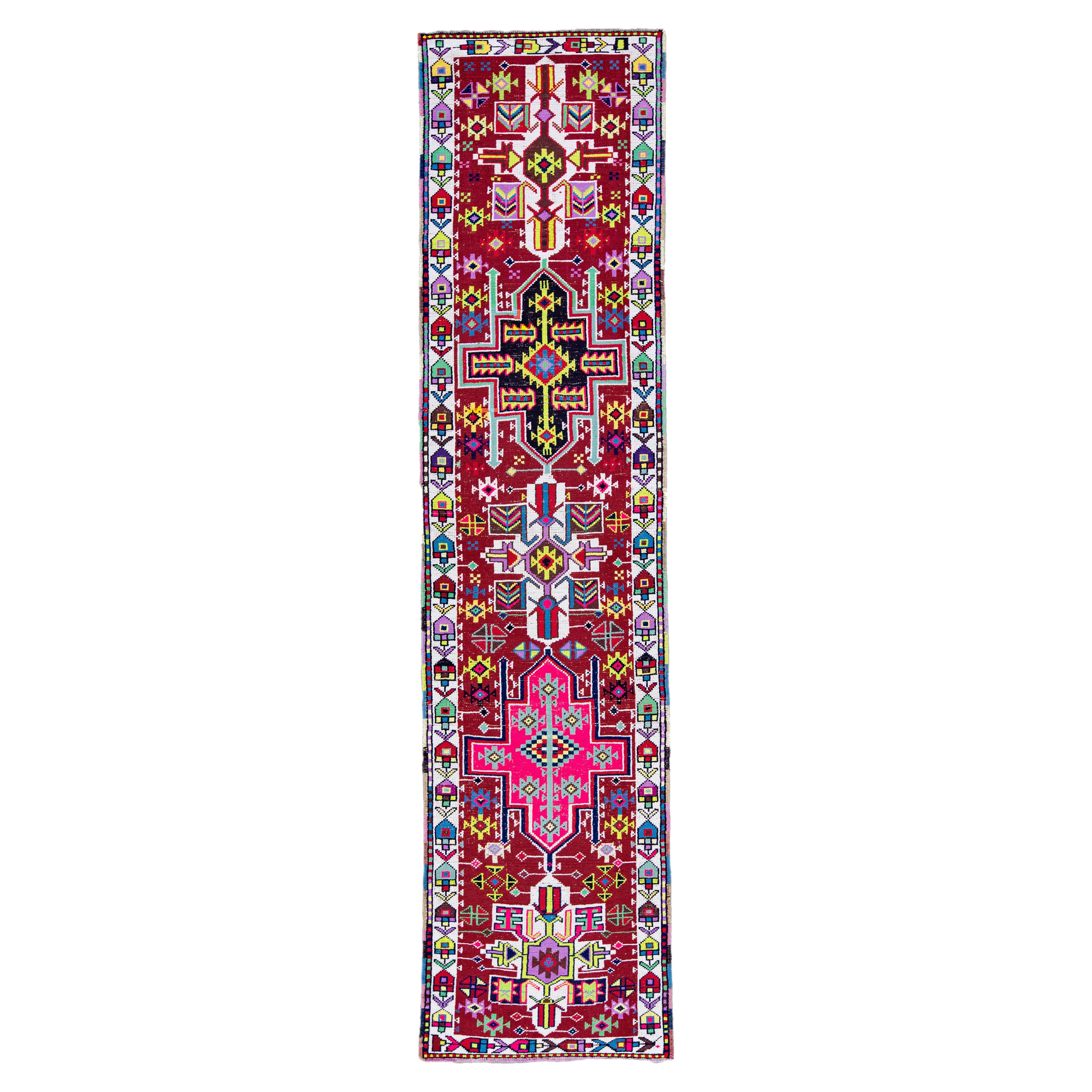 Roter türkischer handgefertigter Woll-Läufer mit geometrischem Muster, mehrfarbig, Vintage