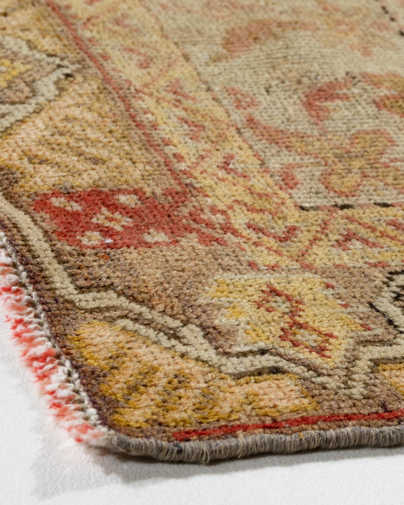 3'5 x 5'8. This rug has an Abrash which is a natural change in color that occurs when different dyes are used in a batch of wool and gives uniqueness an extra beauty to the rug. Even today, Oushak rugs are still the first choice of professional