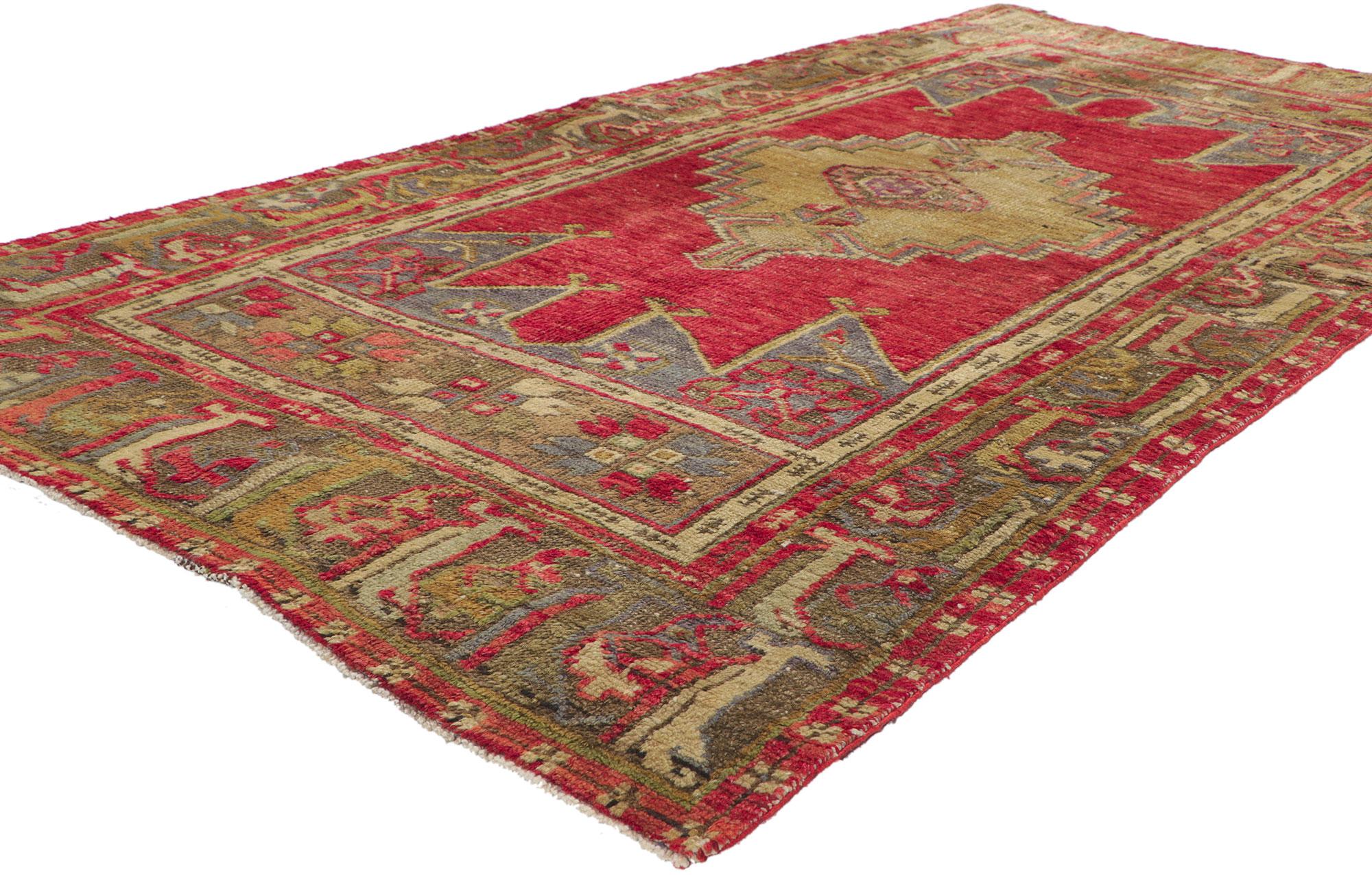 51165 Vintage Turkish Oushak Rug, 03'11 X 07'07. This hand knotted wool vintage Turkish Oushak rug features a modern traditional style. Immersed in Anatolian history and refined colors, this vintage Oushak rug combines simplicity with