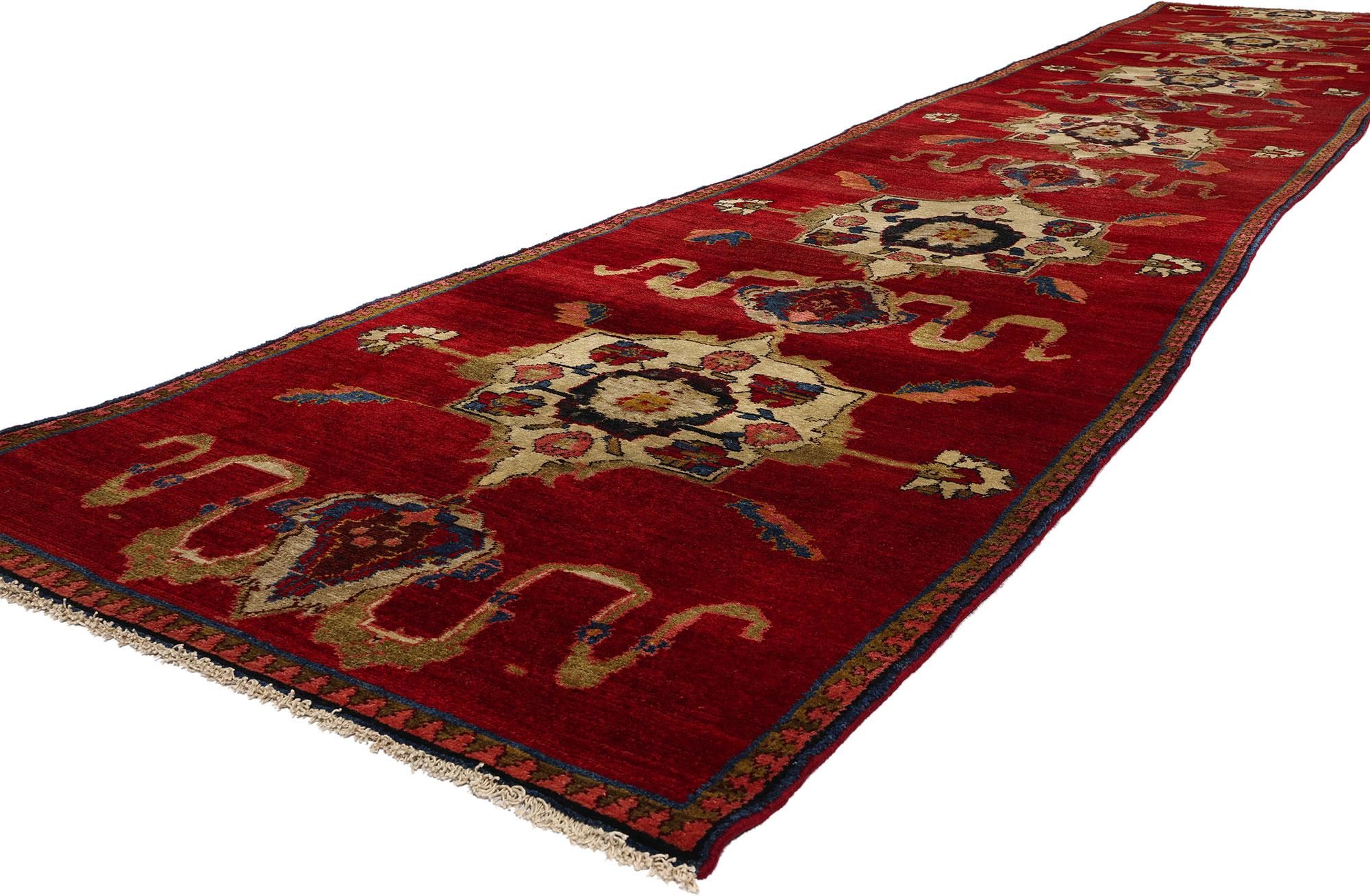 53870 Vintage Red Turkish Oushak Rug Runner, 03'01 x 17'03. Turkish Oushak carpet runners are long, narrow rugs woven in the Oushak region of Western Turkey. These runners typically feature the characteristic designs and weaving techniques of Oushak