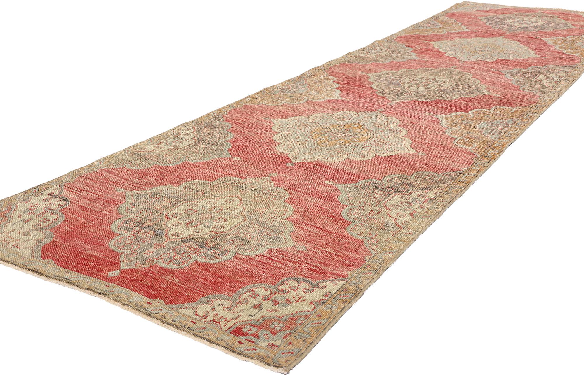 53913 Vintage Red Turkish Oushak Rug, 03'03 x 12'01. Please note this listing is for one piece. There is a matching piece available adds to its rarity. Turkish Oushak carpet runners, originating from the Oushak region in western Turkey, are renowned