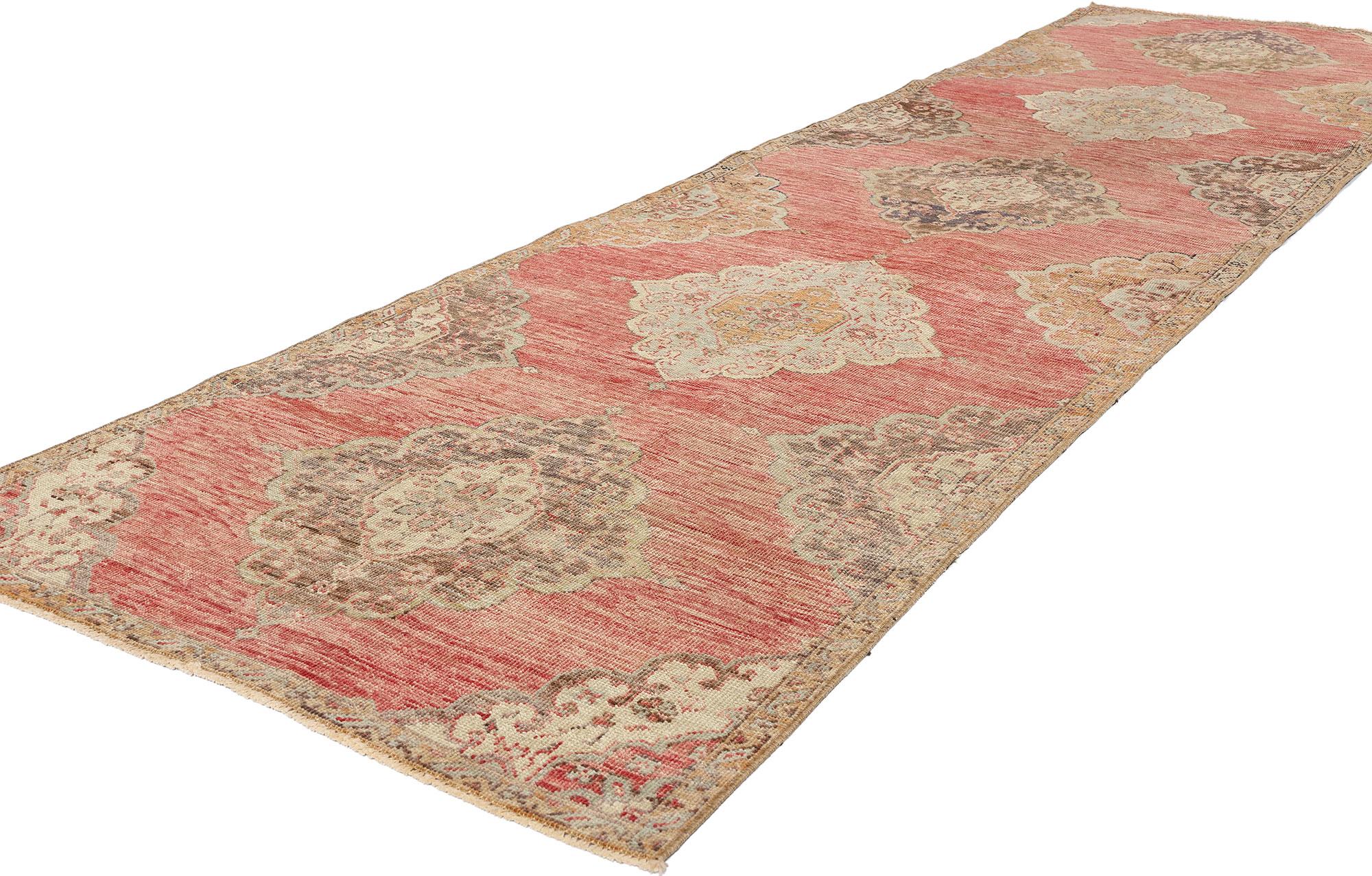 53914 Vintage Red Turkish Oushak Rug, 03'03 x 12'02. Please note this listing is for one piece. There is a matching piece available adds to its rarity. Originating from the Oushak region in western Turkey, Turkish Oushak carpet runners are