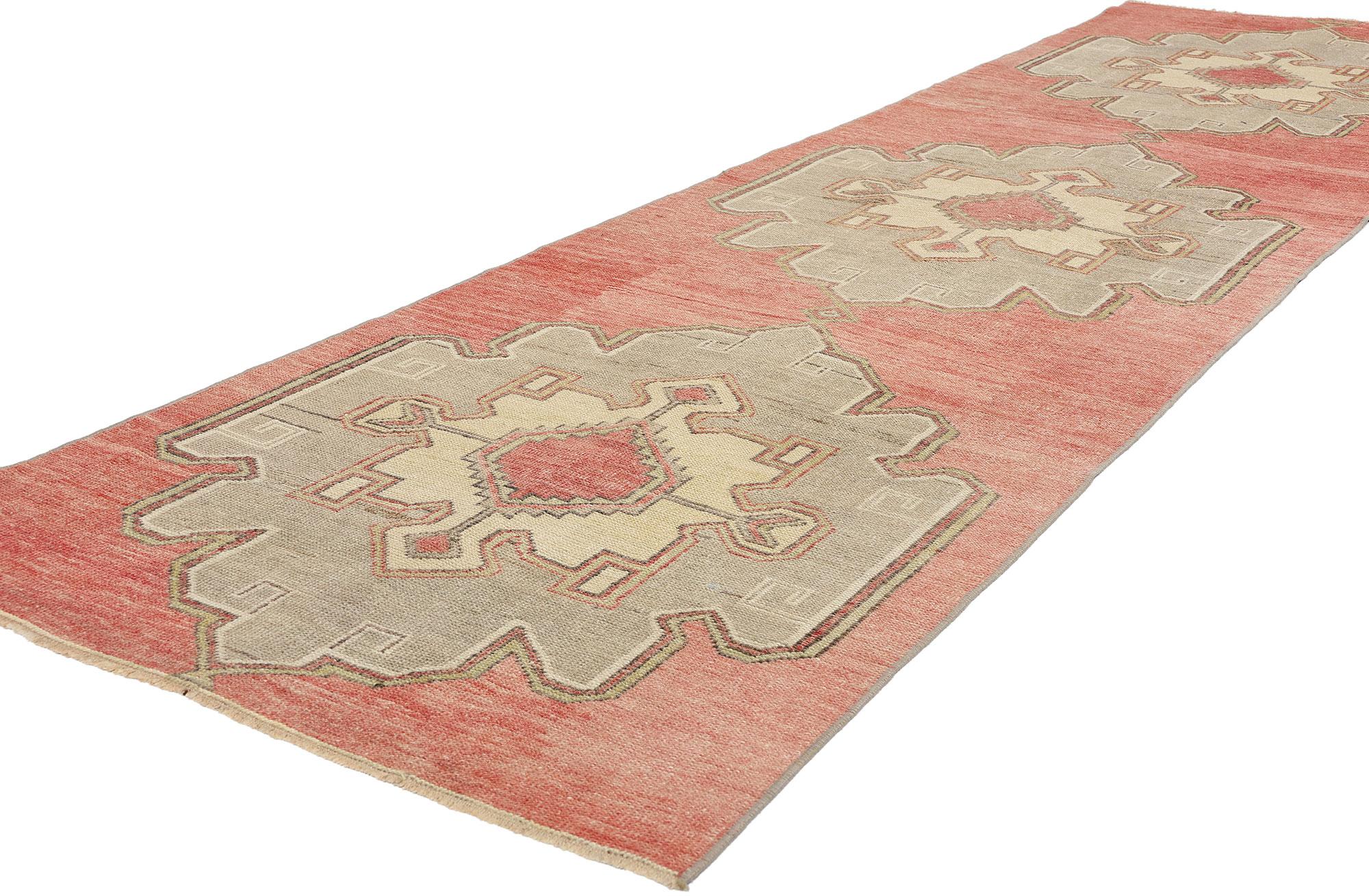 53915 Vintage Red Turkish Oushak Rug Runner, 03'02 x 11'05. Please note this listing is for one piece. There is a matching piece available adds to its rarity. Hailing from the Oushak region in western Turkey, Turkish Oushak carpet runners are