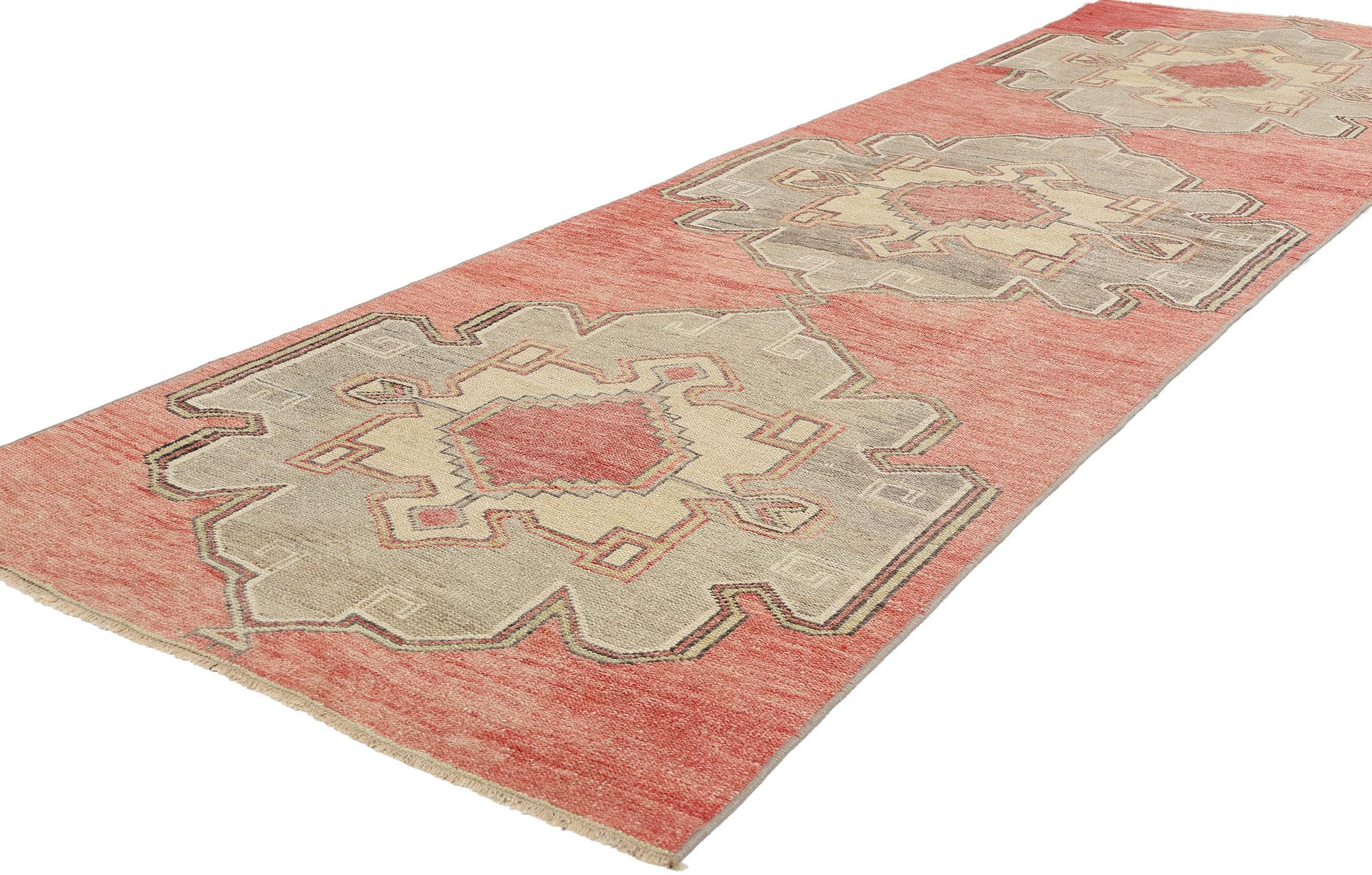 53916 Vintage Red Turkish Oushak Runner, 03'03 x 11'02. Please note this listing is for one piece. There is a matching piece available adds to its rarity. Originating from the Oushak region in western Turkey, Turkish Oushak carpet runners are