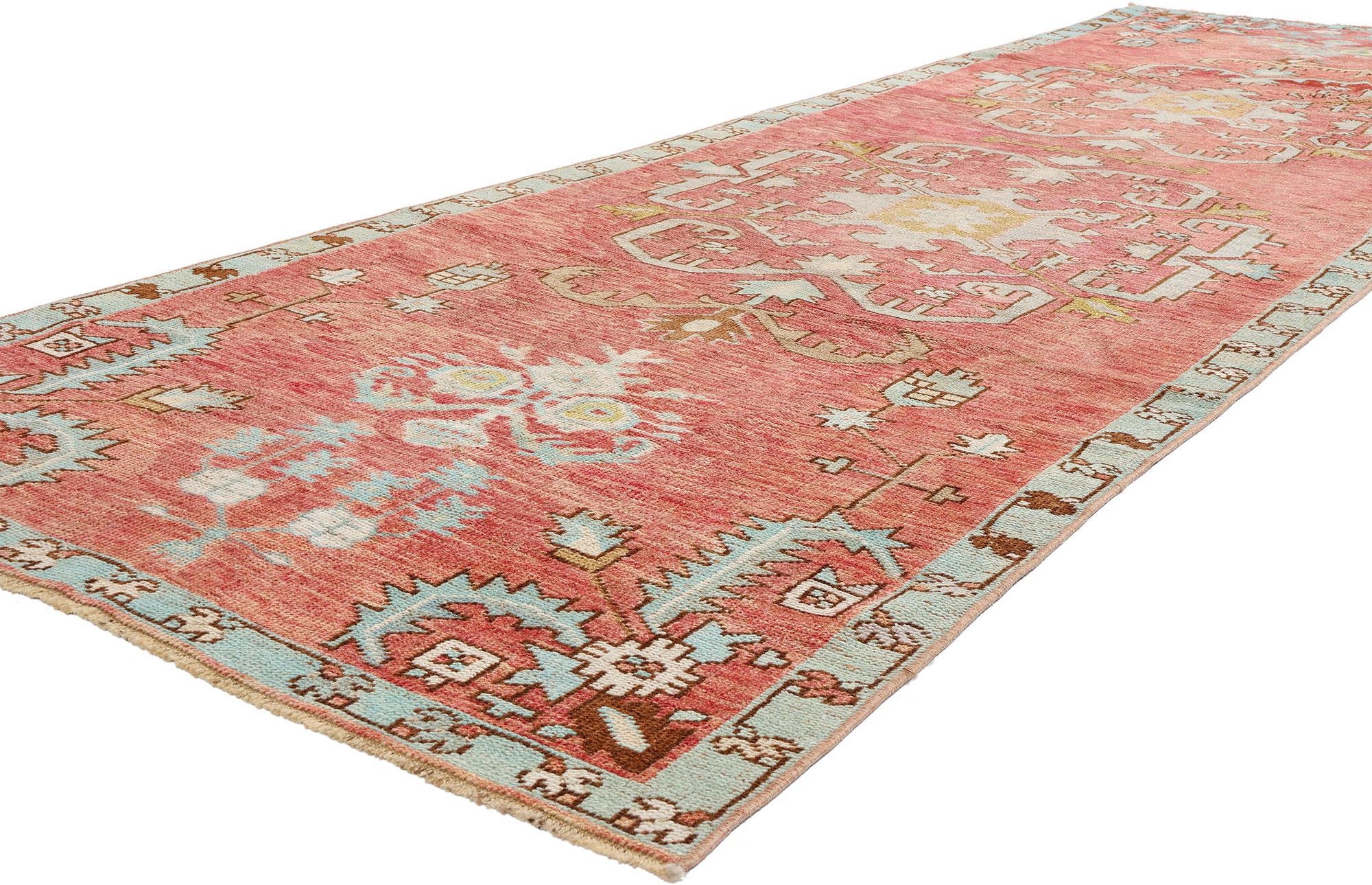 53921 Vintage Red Turkish Oushak Rug Runner, 03'07 x 11'05. Turkish Oushak carpet runners, originating from the Oushak region in western Turkey, are renowned for their intricate designs featuring expansive geometric patterns and soothing color