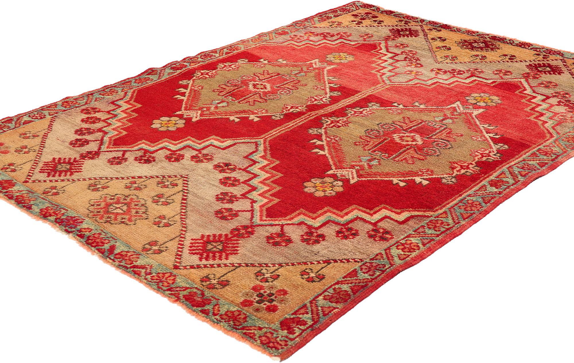51123 Vintage Red Turkish Oushak Rug, 03'07 X 04'11. Please note this listing is for one piece; it does have a matching piece and we have added a picture so you can see them together.
Exuding an enchanting allure reminiscent of luxurious red Italian