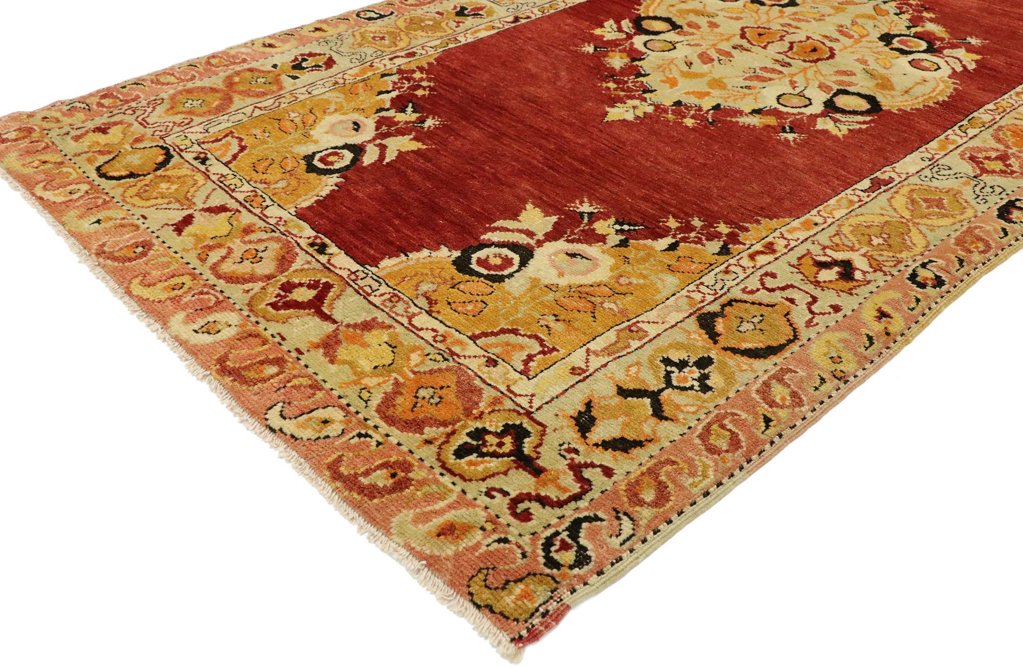 51267 Vintage Turkish Oushak Rug, 03'02 x 05'11. Steeped in Anatolian history and cultural significance, this hand-knotted wool vintage Turkish Oushak rug masterfully blends sophistication with a vibrant palette. Its design draws the eye to the