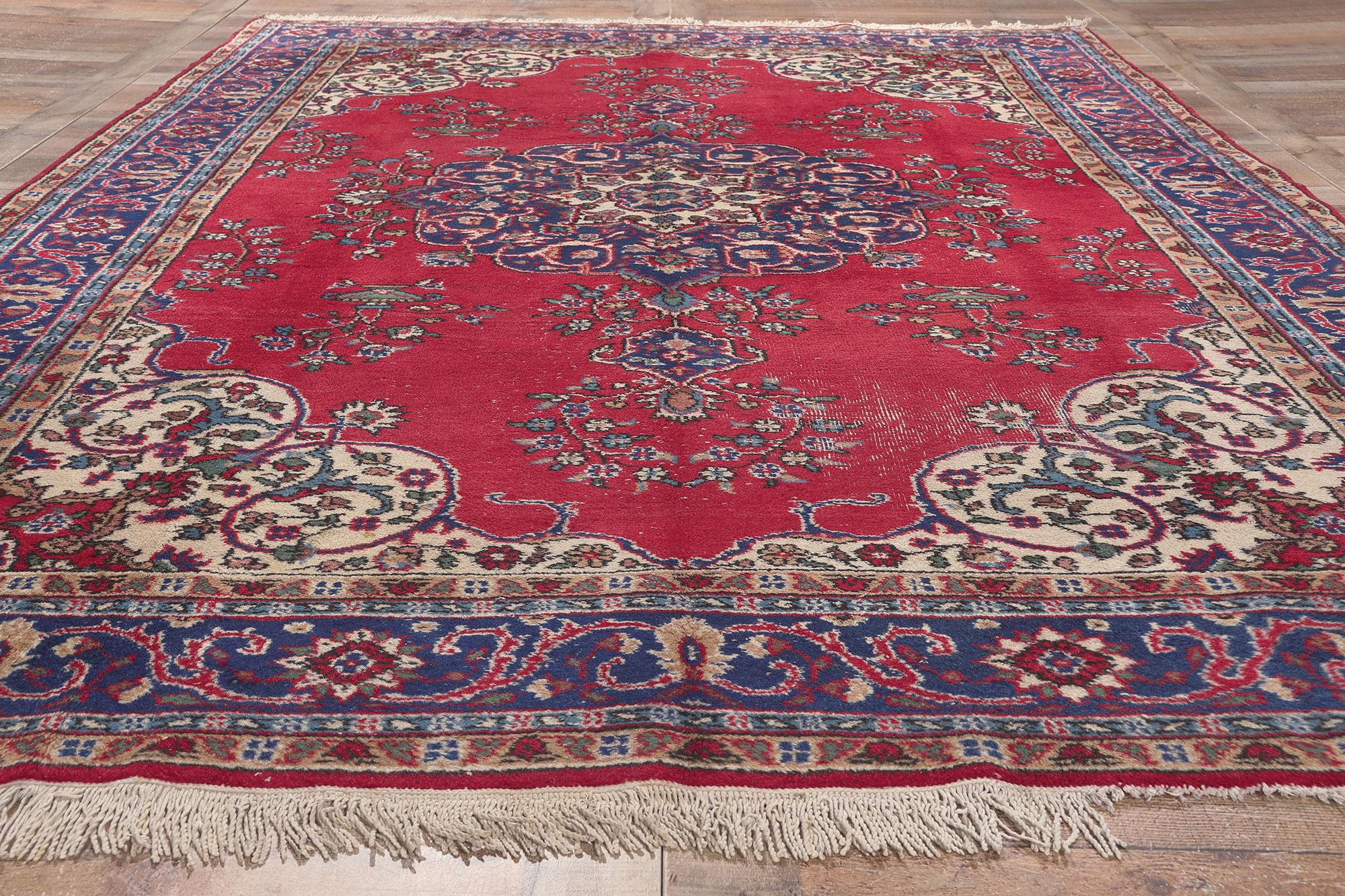 Wool Vintage Red Turkish Sparta Rug, Refined Elegance Meets Traditional Sensibility For Sale