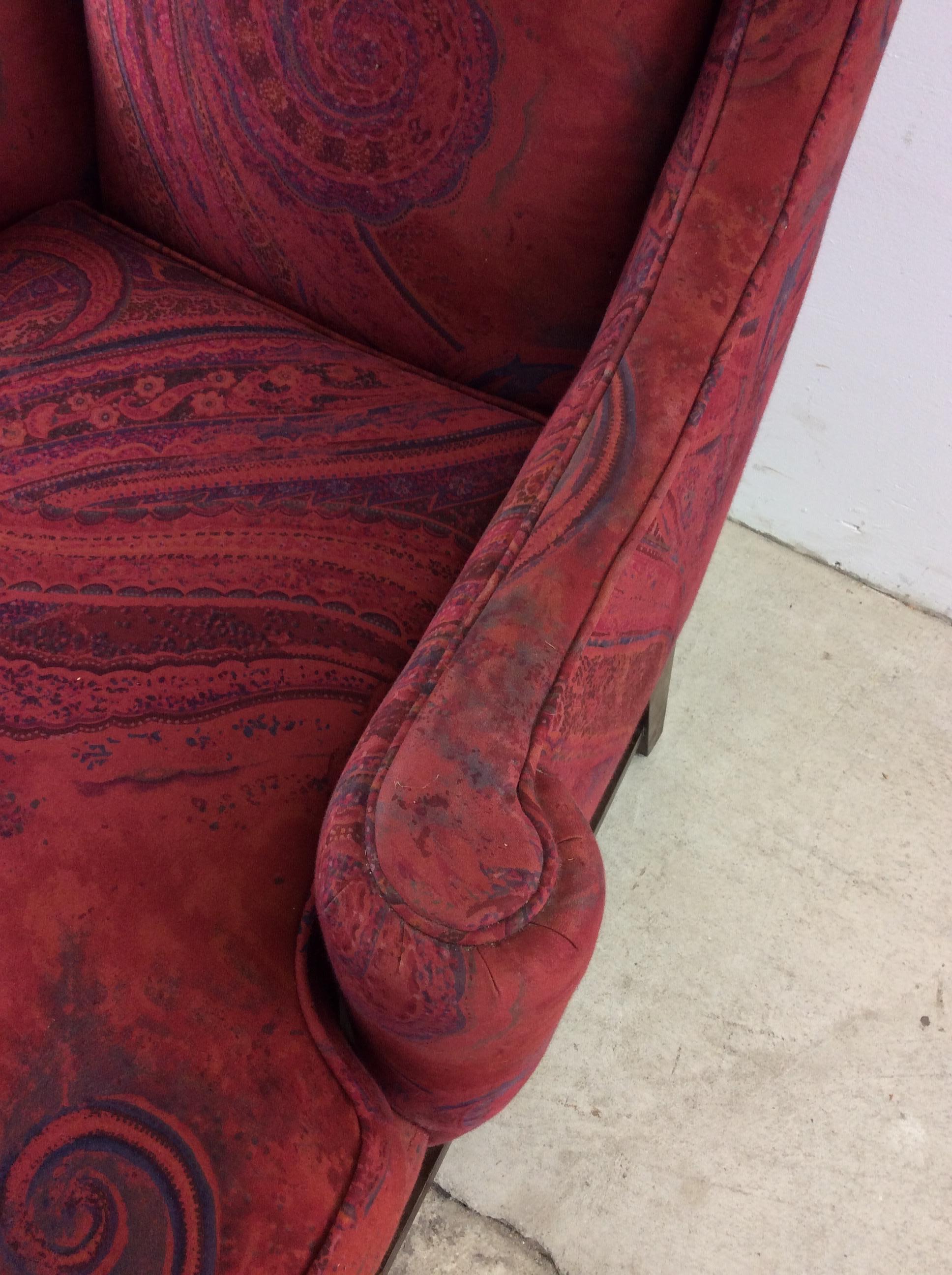 Vintage Red Upholstered Wingback Chair with Wood Base For Sale 4