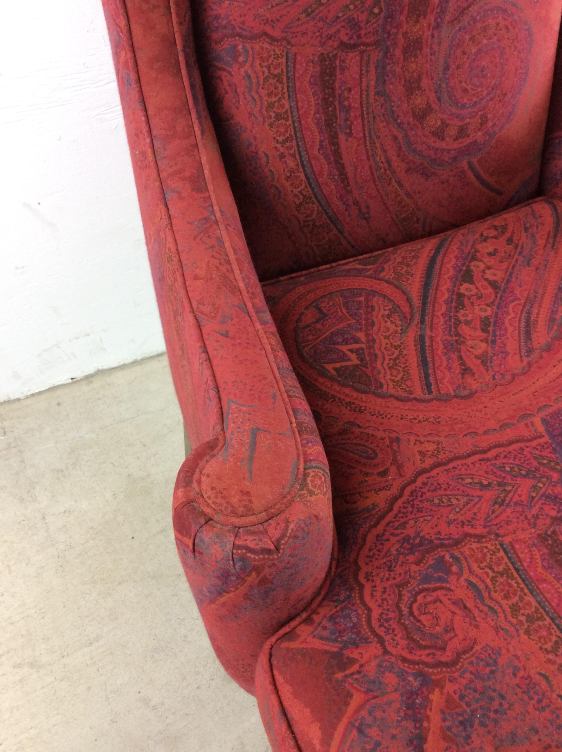 Vintage Red Upholstered Wingback Chair with Wood Base For Sale 5