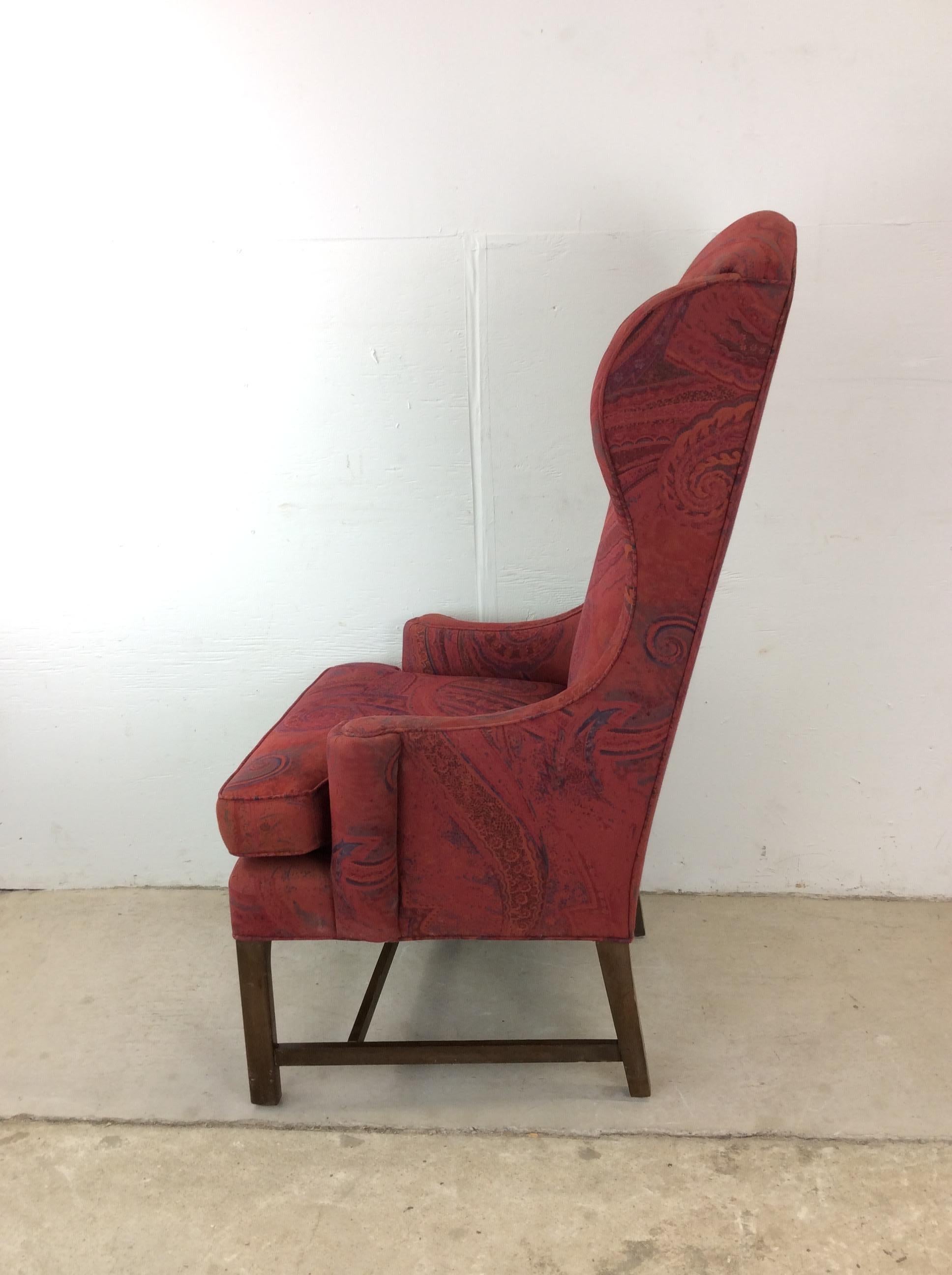 Vintage Red Upholstered Wingback Chair with Wood Base For Sale 6
