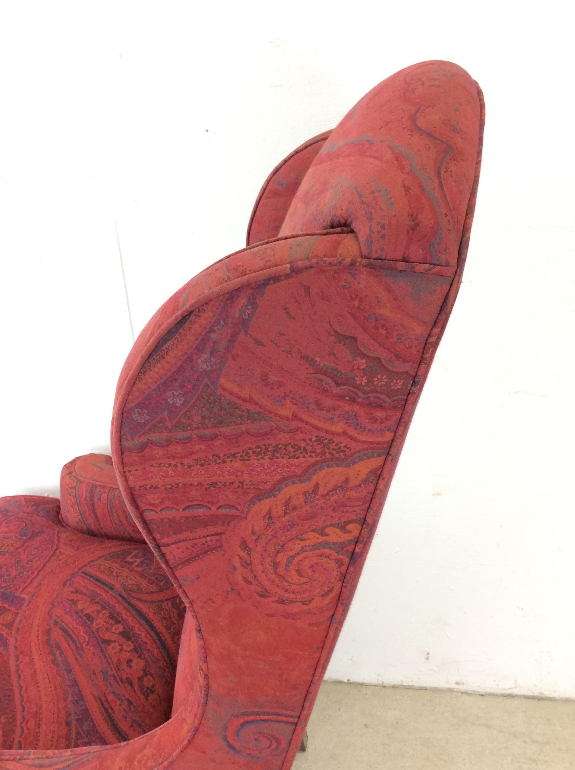 Vintage Red Upholstered Wingback Chair with Wood Base For Sale 7