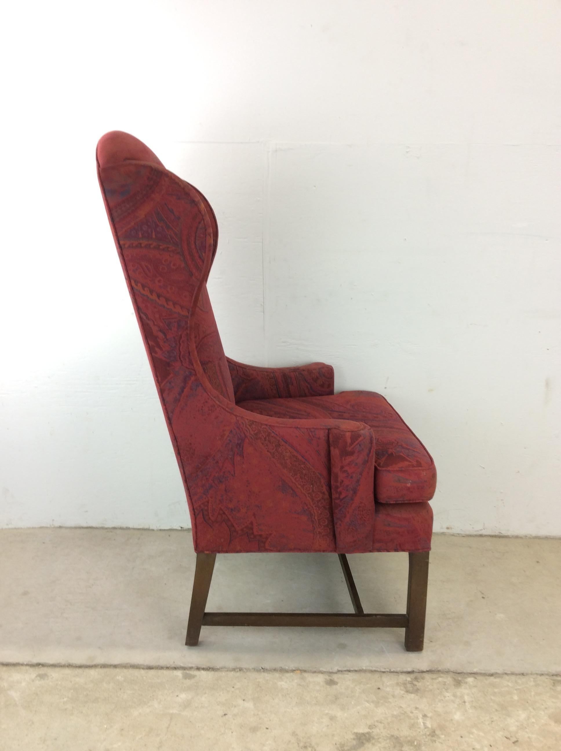 Vintage Red Upholstered Wingback Chair with Wood Base For Sale 12
