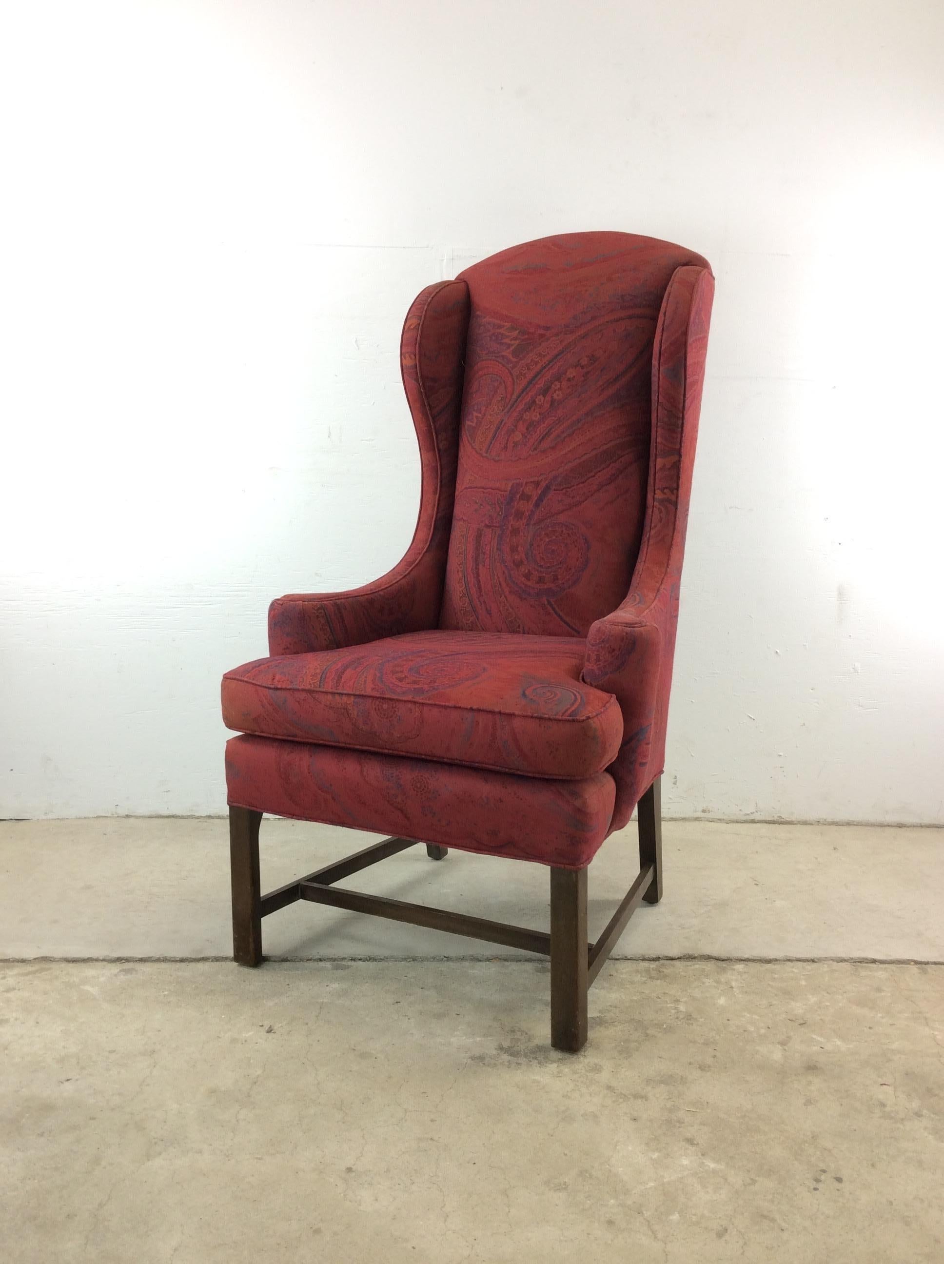 American Craftsman Vintage Red Upholstered Wingback Chair with Wood Base For Sale