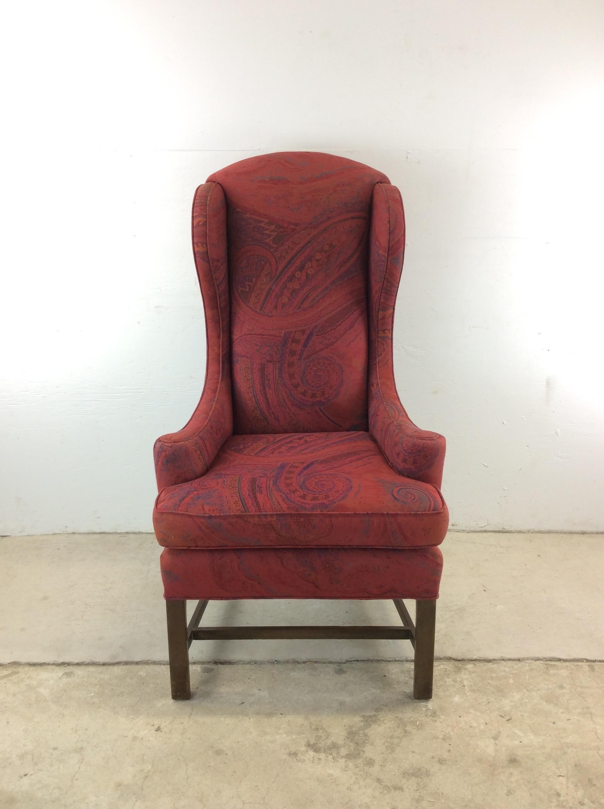 American Vintage Red Upholstered Wingback Chair with Wood Base For Sale