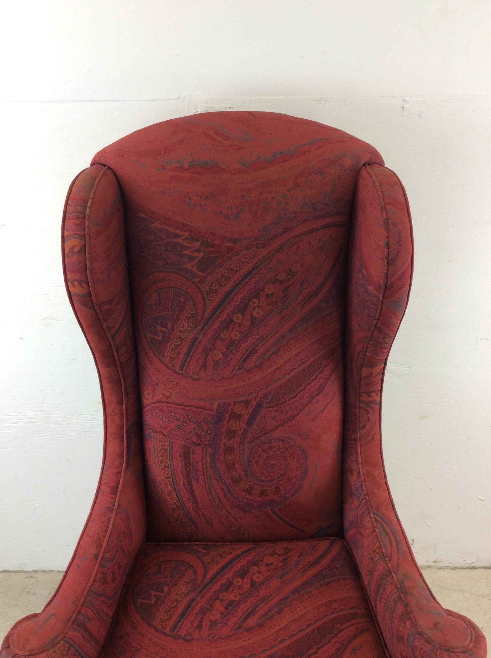 Vintage Red Upholstered Wingback Chair with Wood Base In Good Condition For Sale In Freehold, NJ