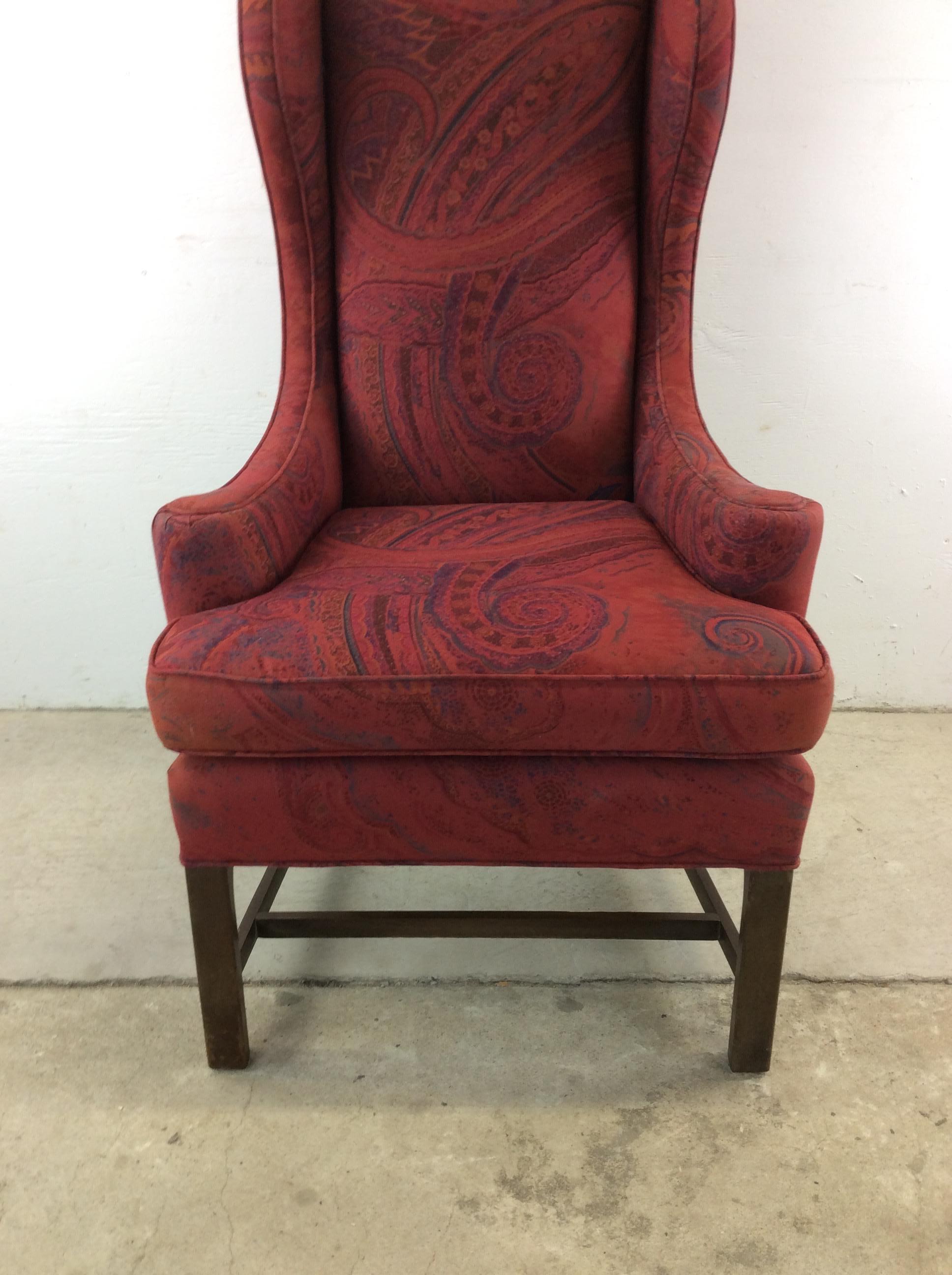 20th Century Vintage Red Upholstered Wingback Chair with Wood Base For Sale