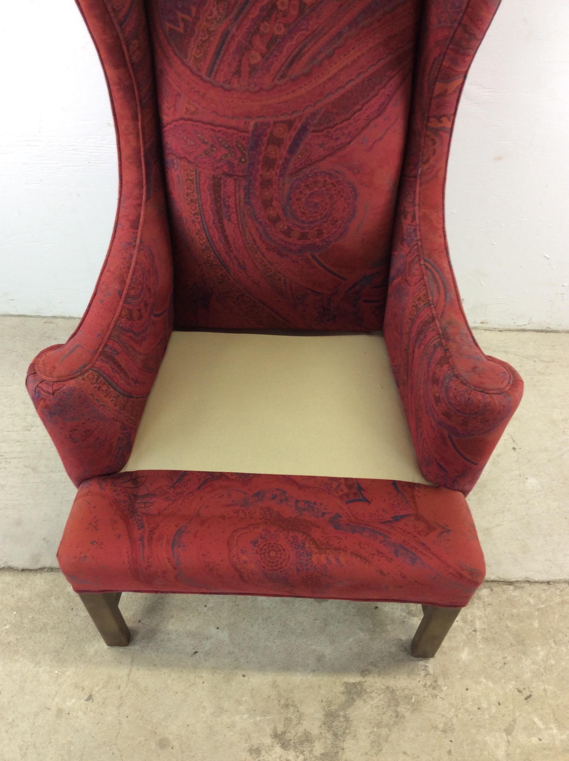 Vintage Red Upholstered Wingback Chair with Wood Base For Sale 3