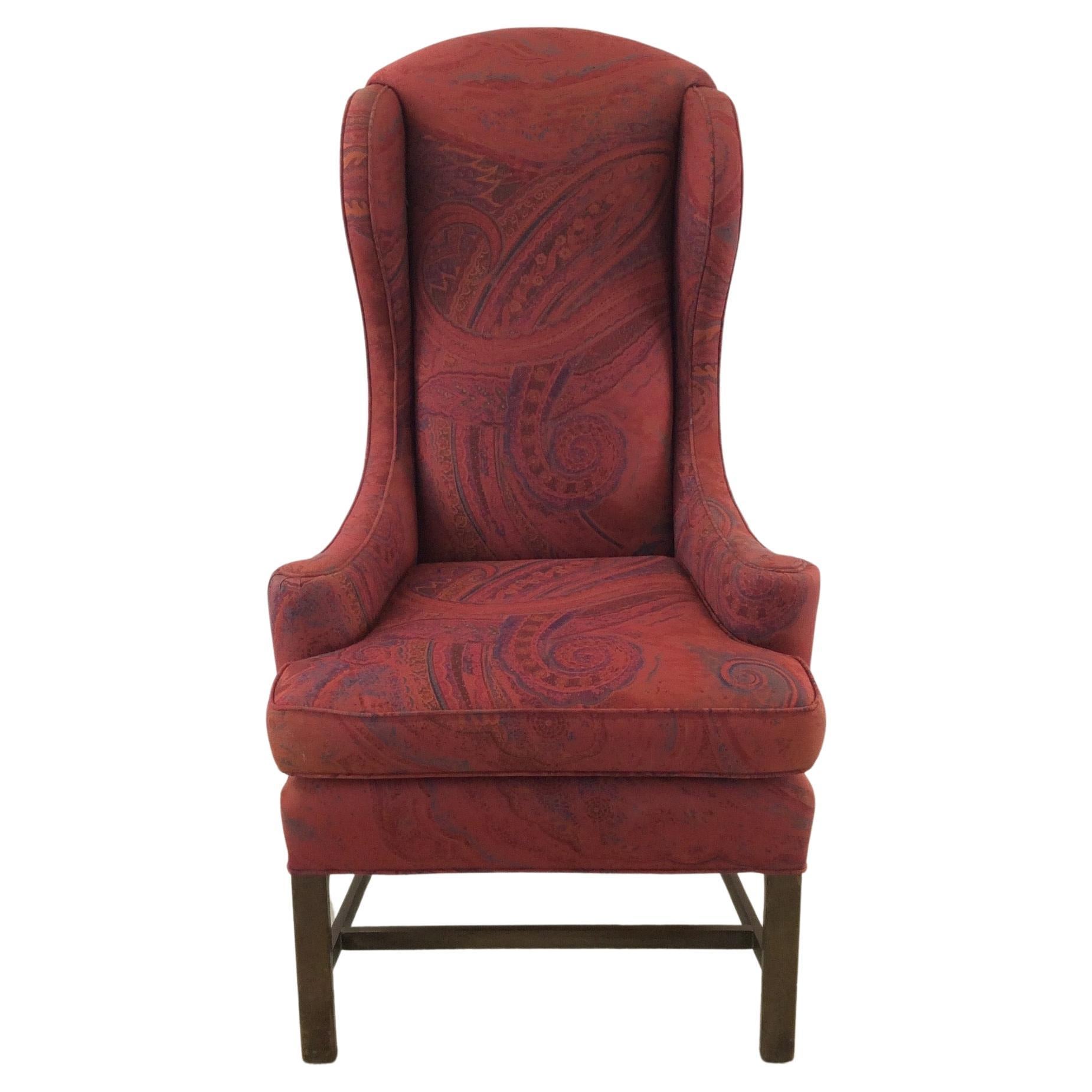 Vintage Red Upholstered Wingback Chair with Wood Base For Sale