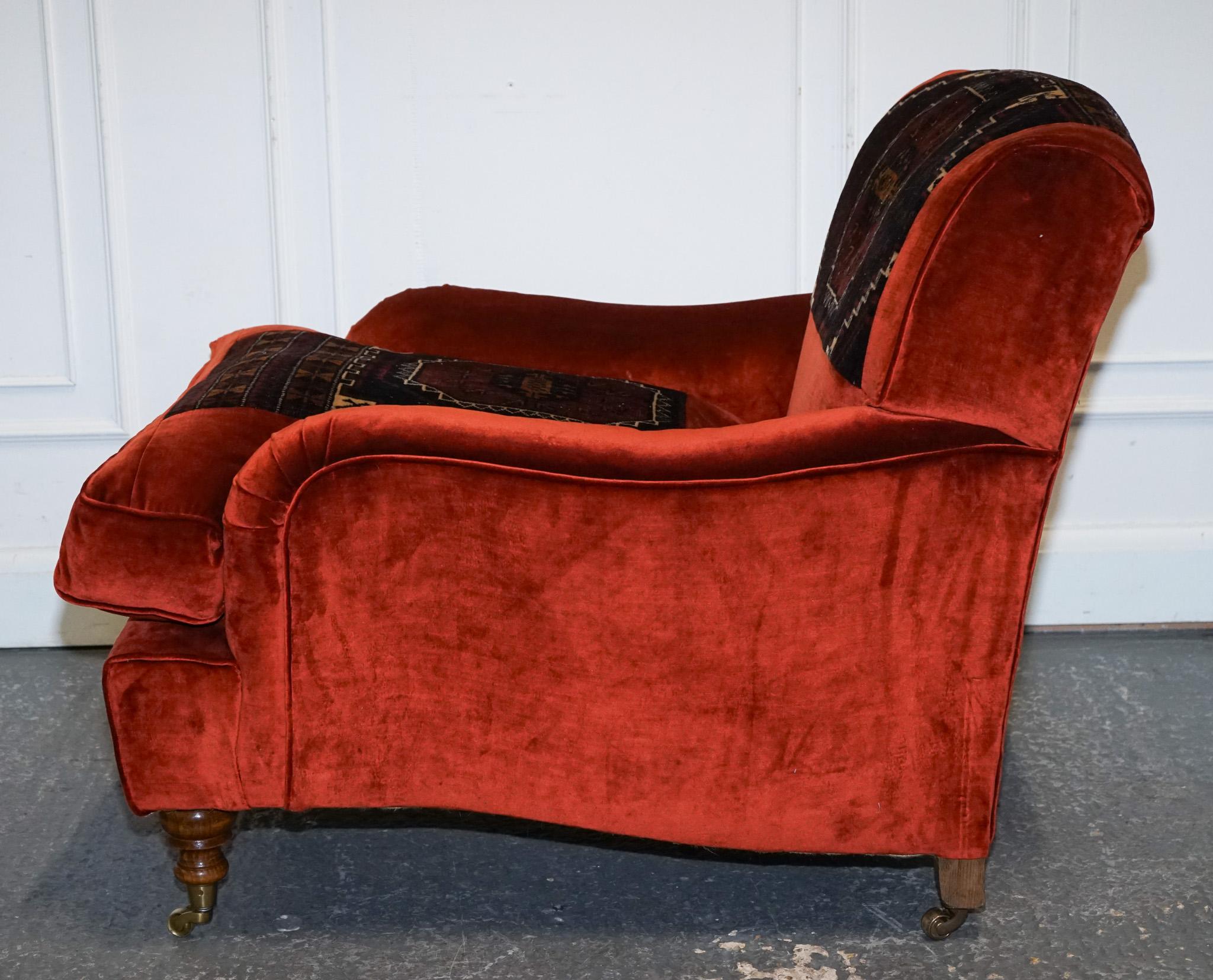 VINTAGE RED VELVET & AZTEC KILIM UPHOLSTERED HOWARD GEORGE SMITH STYLE ARMCHAiR For Sale 6