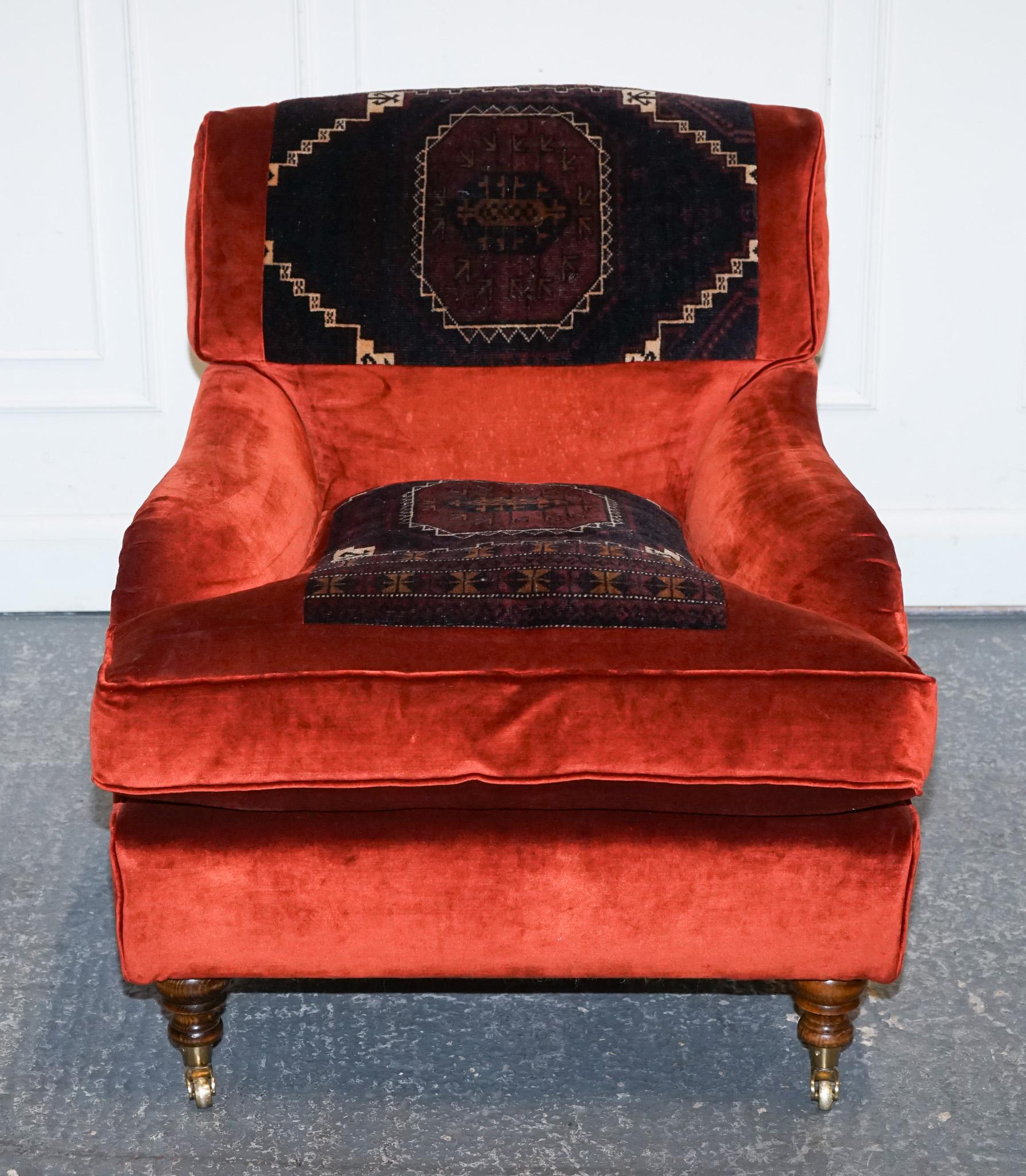 Hand-Crafted VINTAGE RED VELVET & AZTEC KILIM UPHOLSTERED HOWARD GEORGE SMITH STYLE ARMCHAiR For Sale