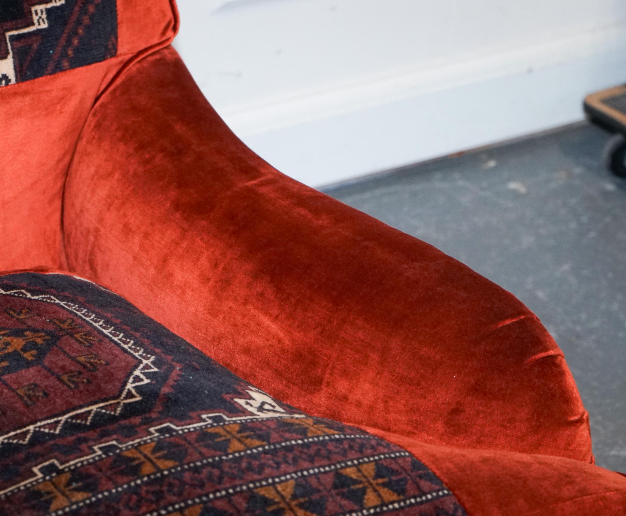 Velvet VINTAGE RED VELVET & AZTEC KILIM UPHOLSTERED HOWARD GEORGE SMITH STYLE ARMCHAiR For Sale