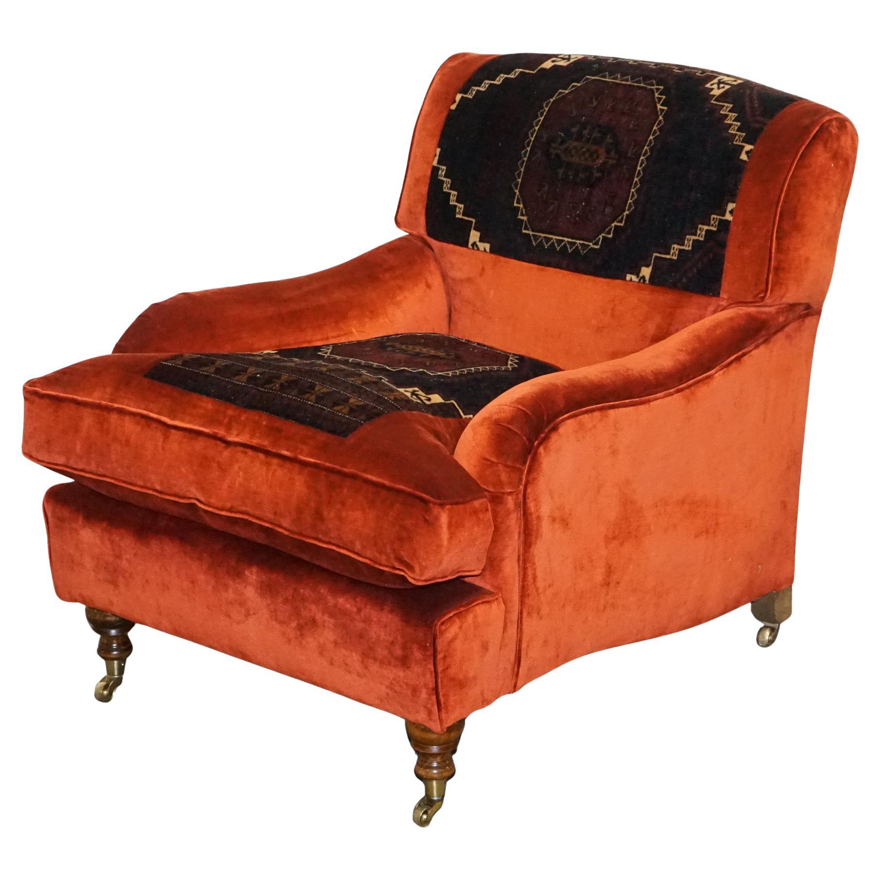 VINTAGE RED VELVET & AZTEC KILIM UPHOLSTERED HOWARD GEORGE SMITH STYLE ARMCHAiR For Sale